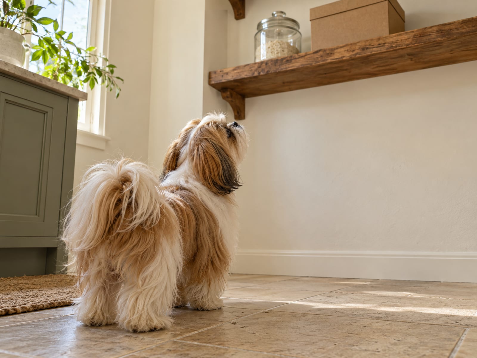 Shih Tzu on a tile kitchen floor looking up at a high shelf holding a sealed plain jar and a cardboard box out of reach