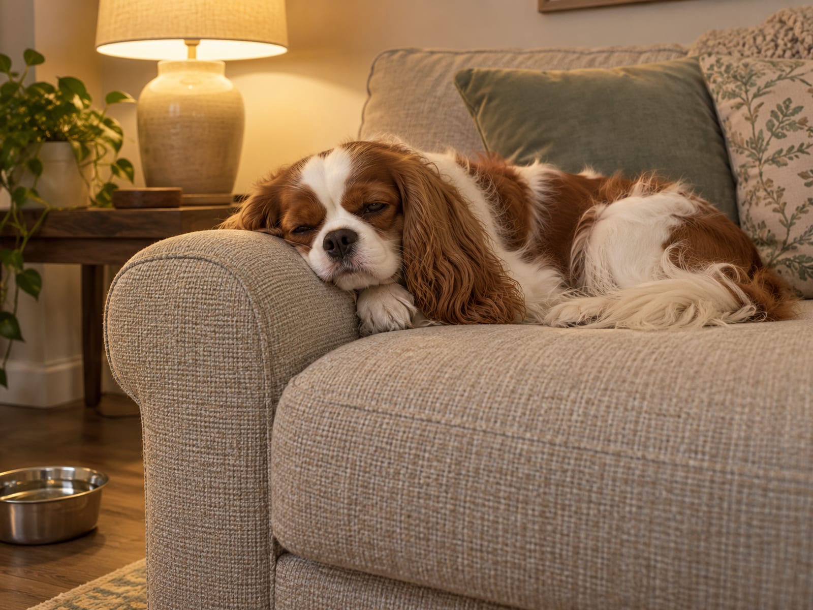 Blenheim Cavalier King Charles spaniel resting on a sofa cushion with half-closed eyes, a steel water bowl on the floor nearby