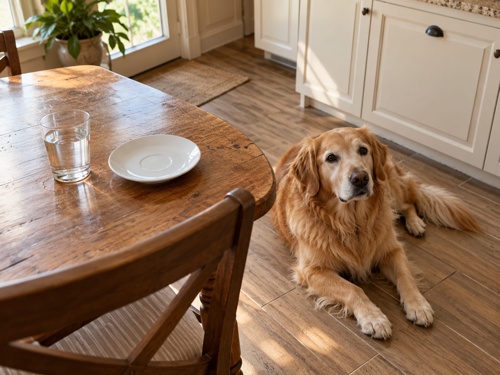 Empty ceramic saucer and a glass of water on a wooden kitchen table, a golden retriever lying on the floor nearby