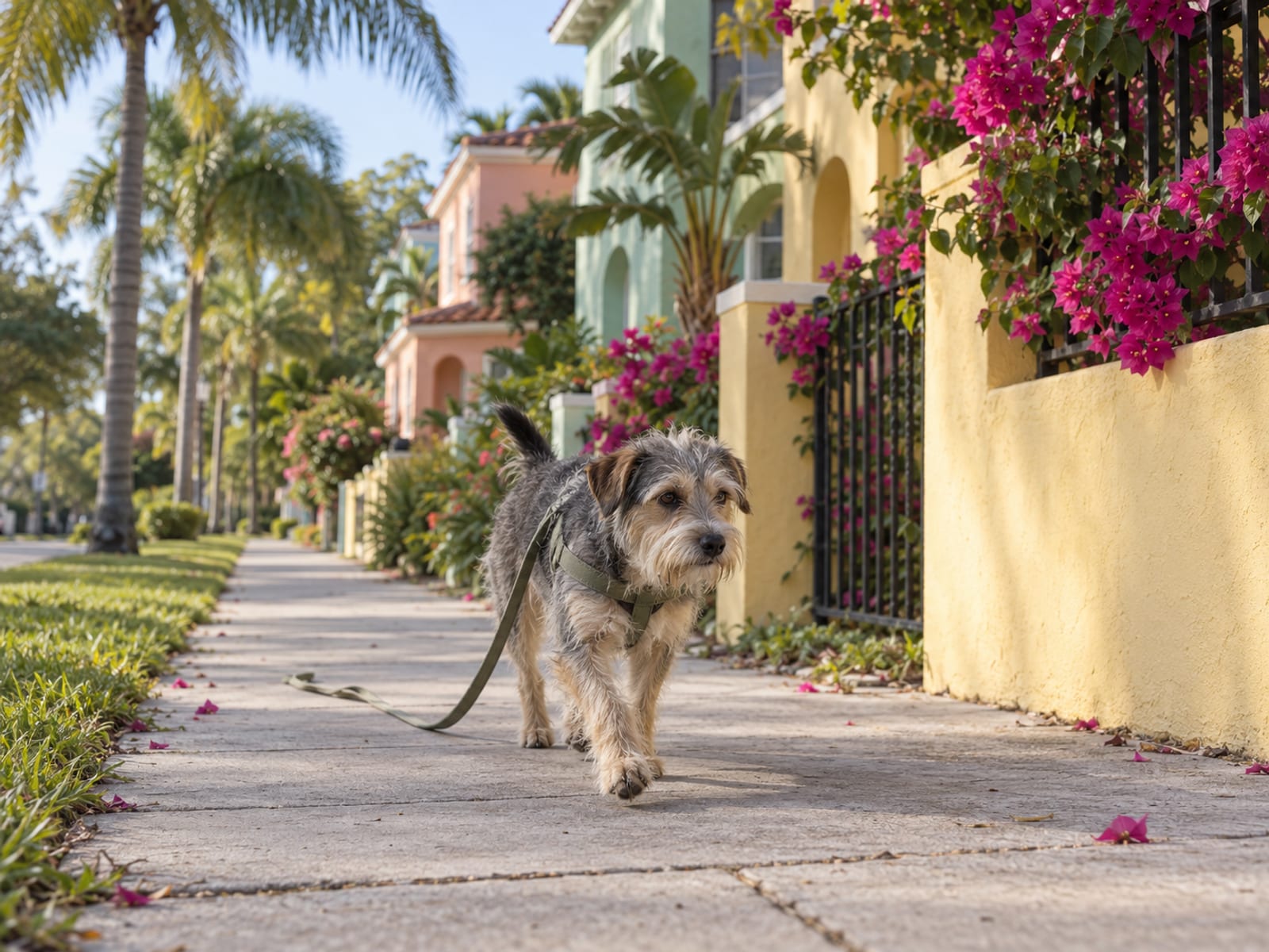 Scruffy wire-haired mixed-breed terrier walking along a sidewalk past colorful low-rise homes with bougainvillea, a leash trailing slack from its harness