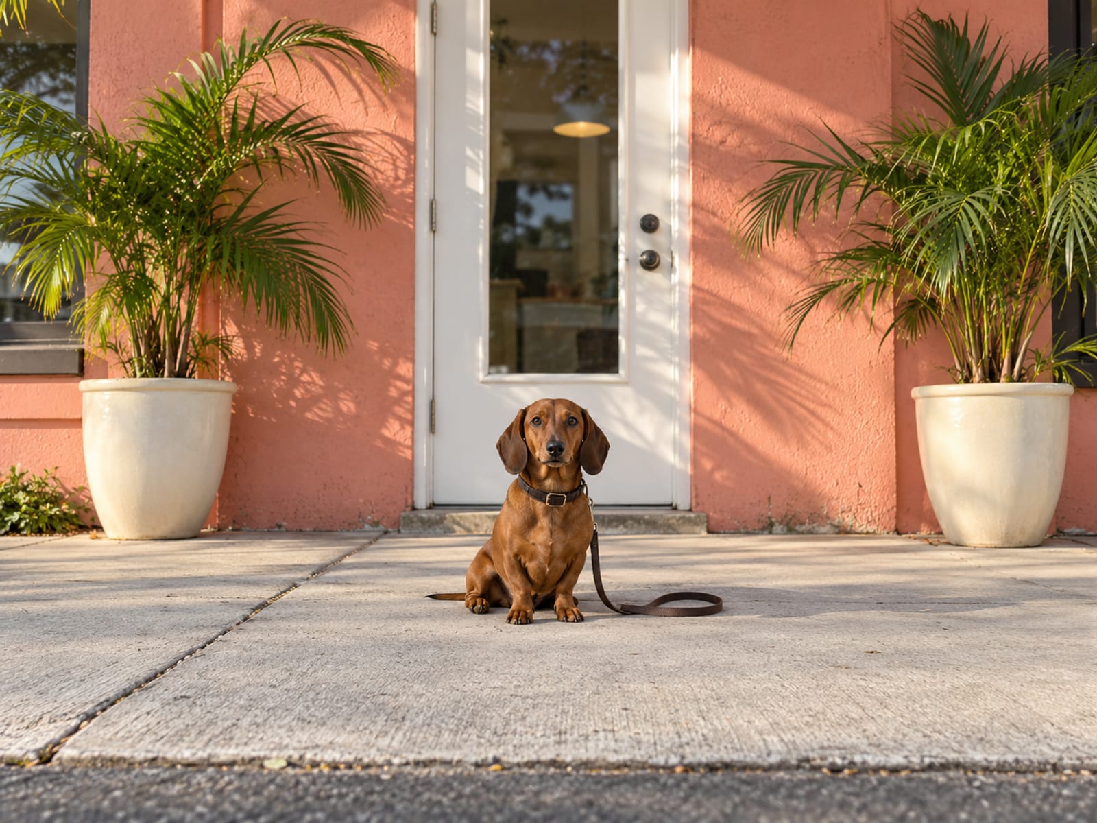 Red smooth dachshund sitting on the sidewalk in front of a coral-painted dog daycare storefront with a plain door and two potted palms