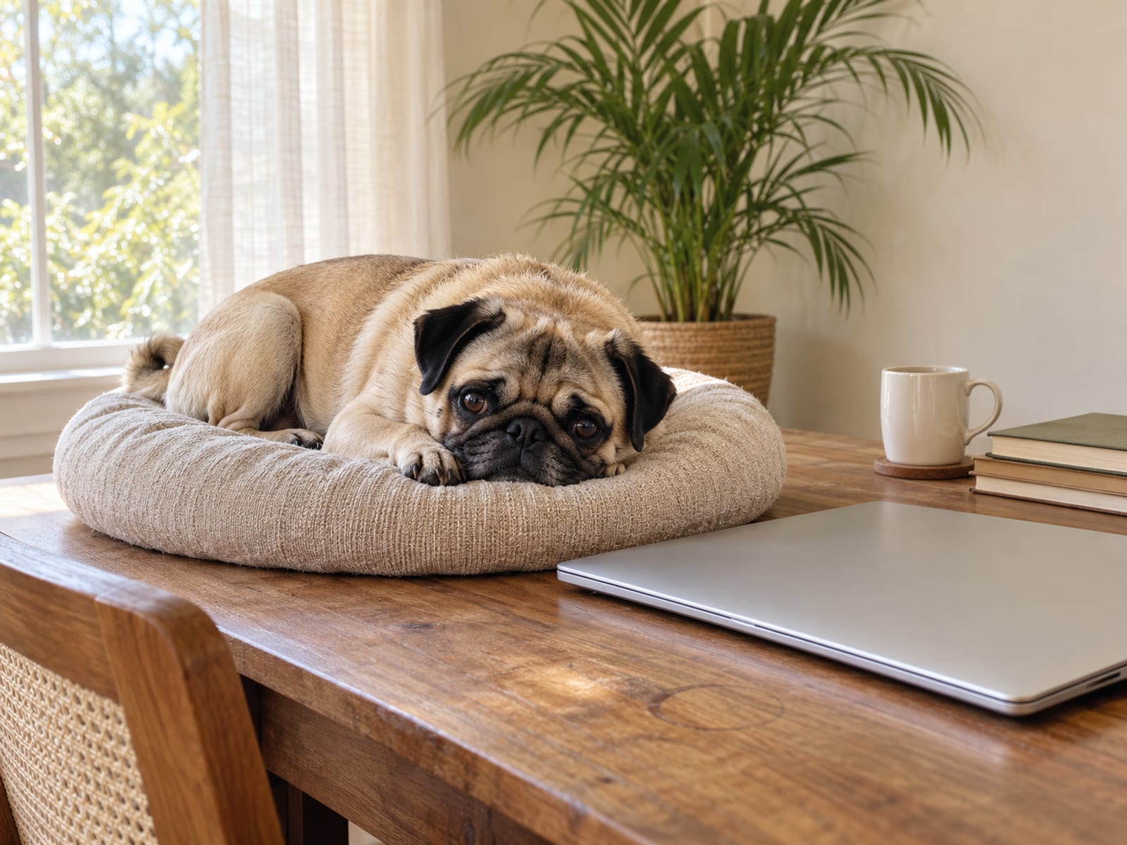Fawn pug resting on a cushion beside a closed laptop on a wooden desk in a sunny home office with a potted palm