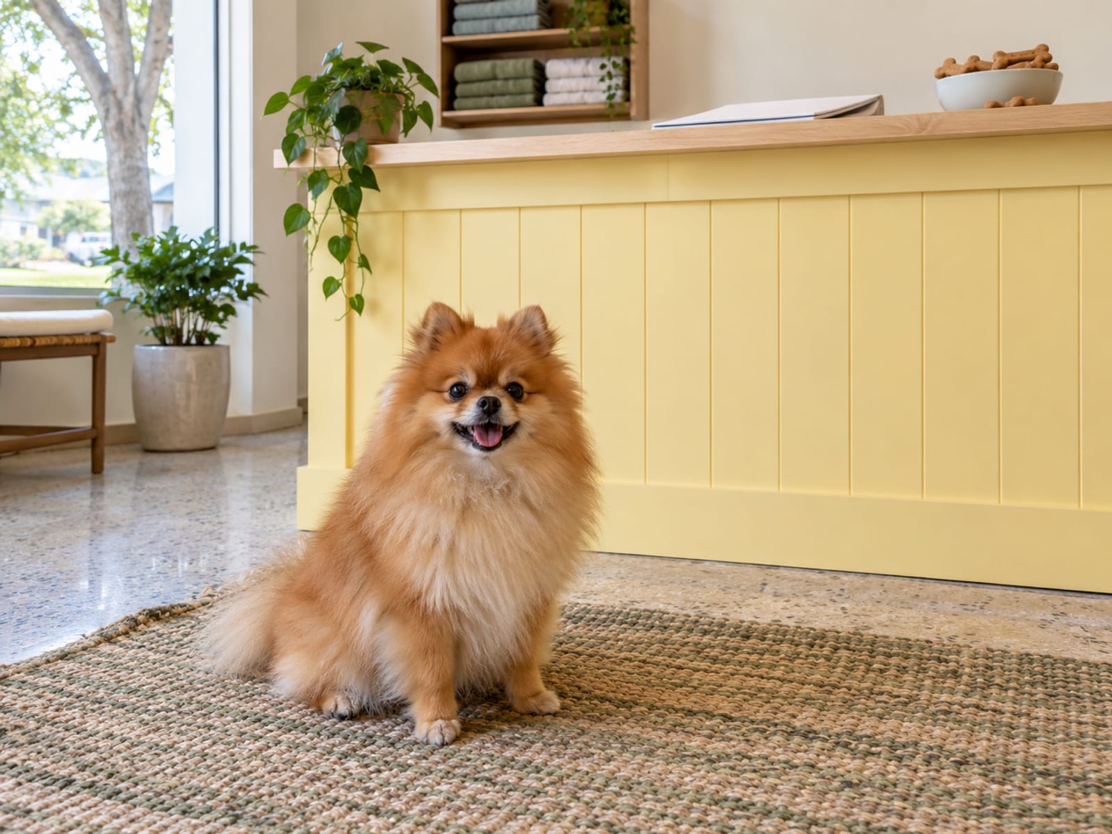 Orange Pomeranian sitting on a woven rug in front of a small grooming shop's reception counter, a closed blank folder and a bowl of treats on top