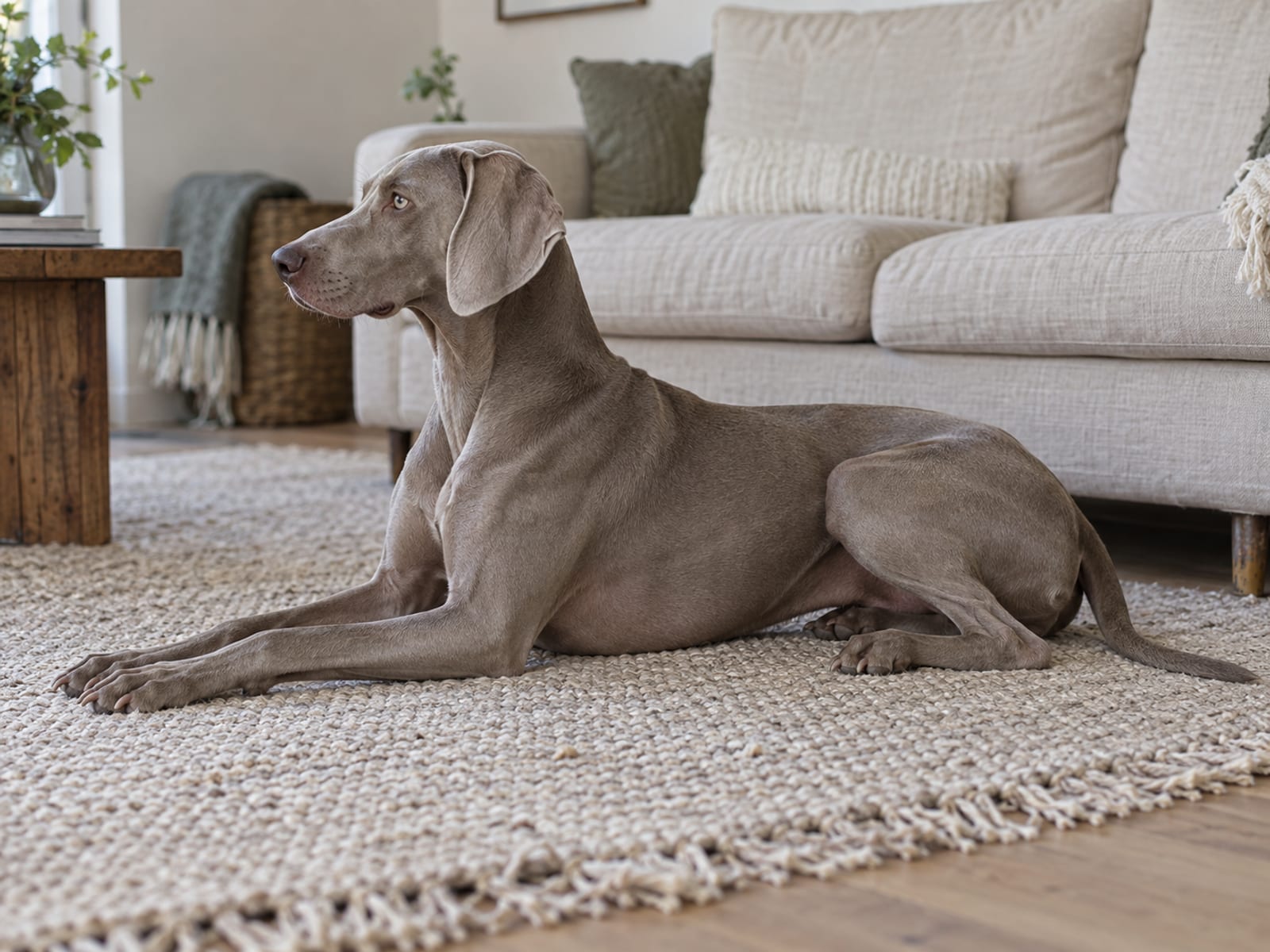 Weimaraner lying on a living room rug in side profile, showing its deep chest and lean waist