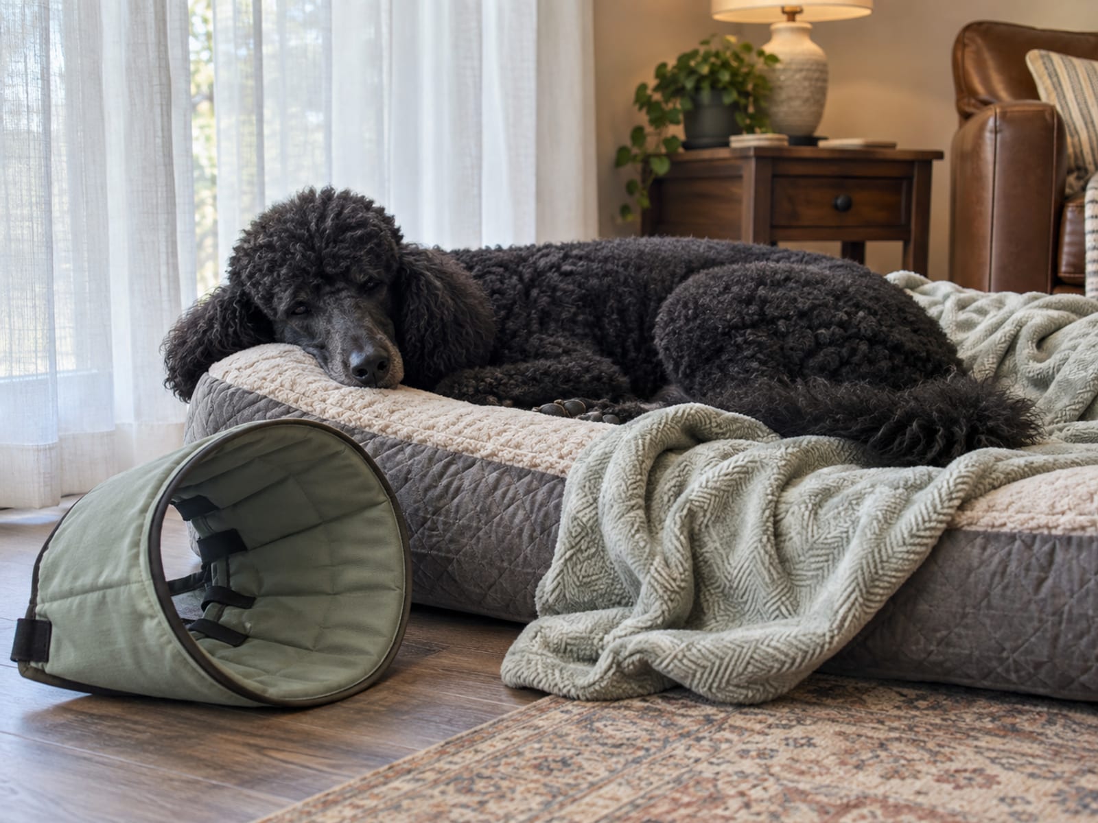 Large dog resting on a thick padded bed in a quiet room, a soft recovery cone lying on the floor beside the bed