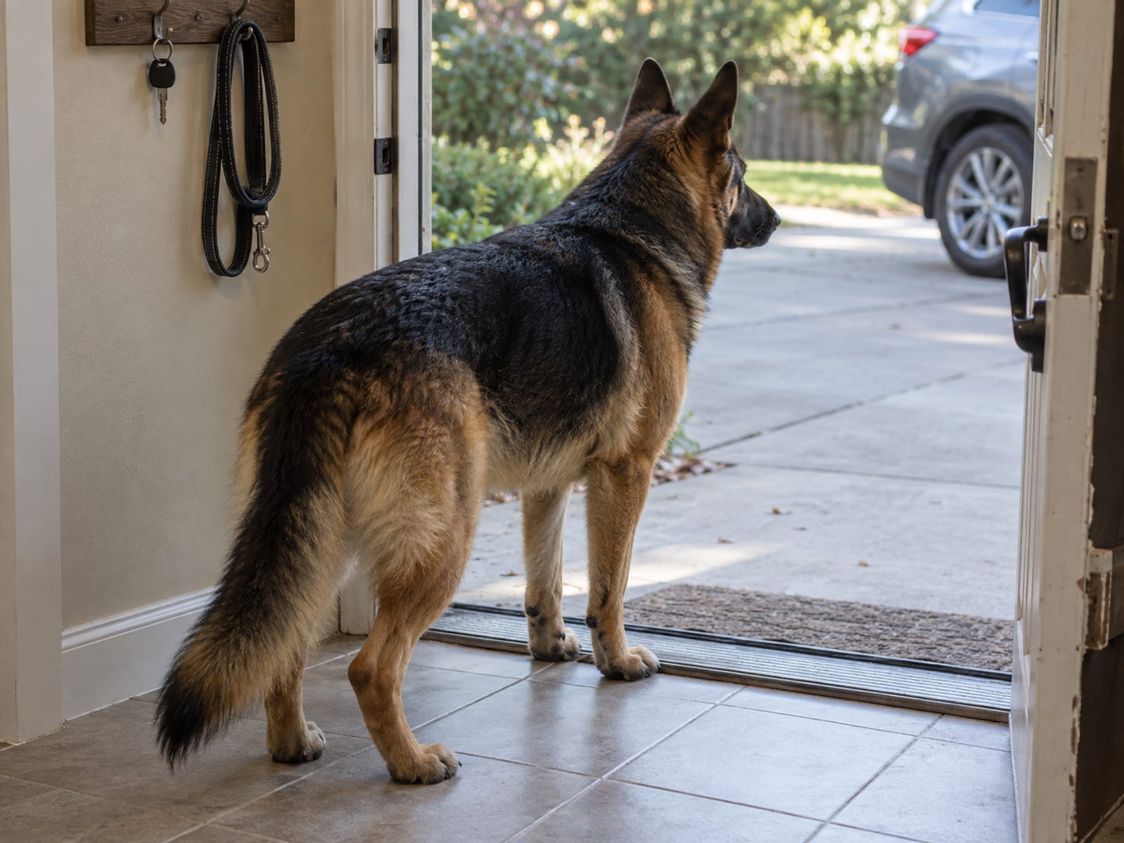 Car keys and a leash hanging on hooks beside an open back door that looks onto a driveway, a large dog standing at the door