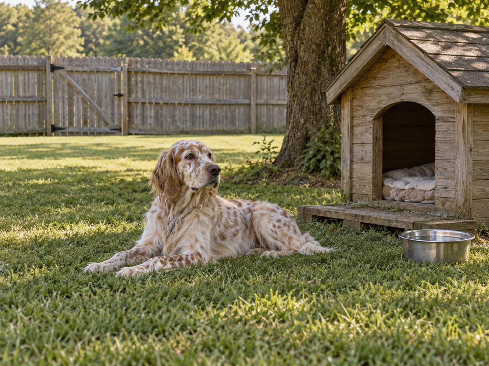 English setter lying on mowed grass in a spacious fenced yard beside a shaded dog house, a water bowl and a closed gate