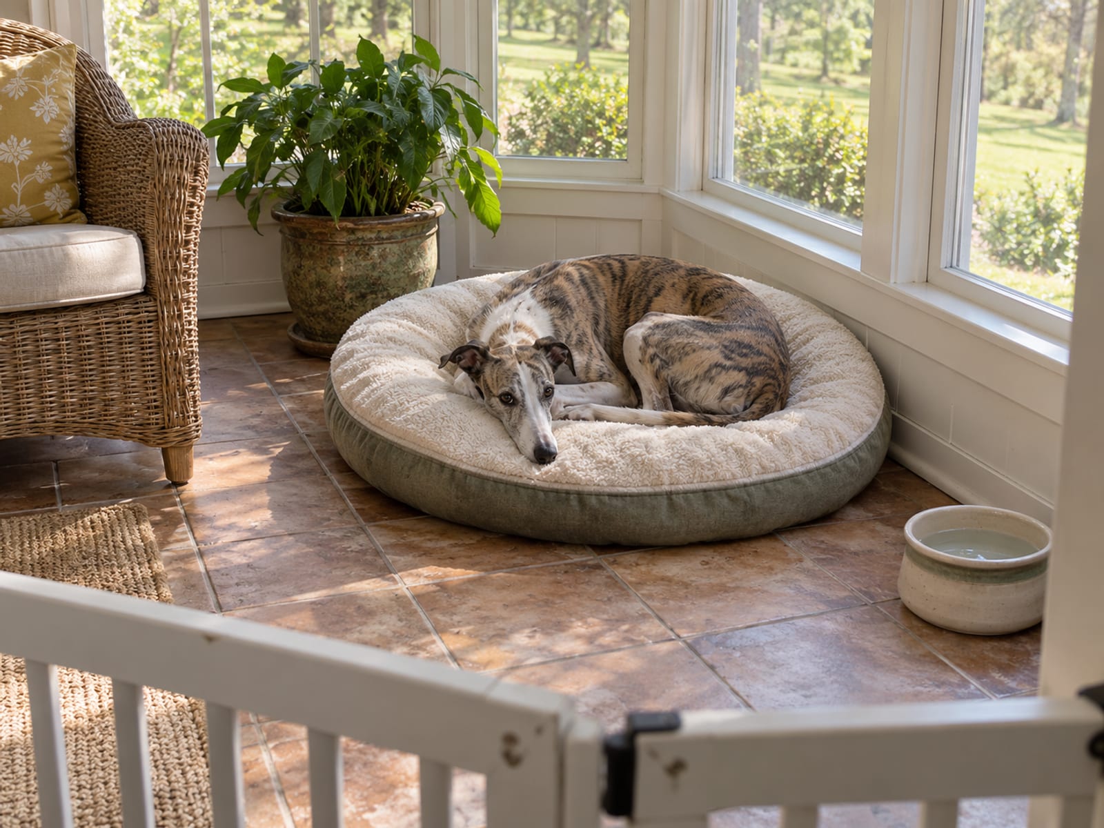 Whippet lying on a dog bed in a sunny sunroom beside a closed baby gate and a water bowl
