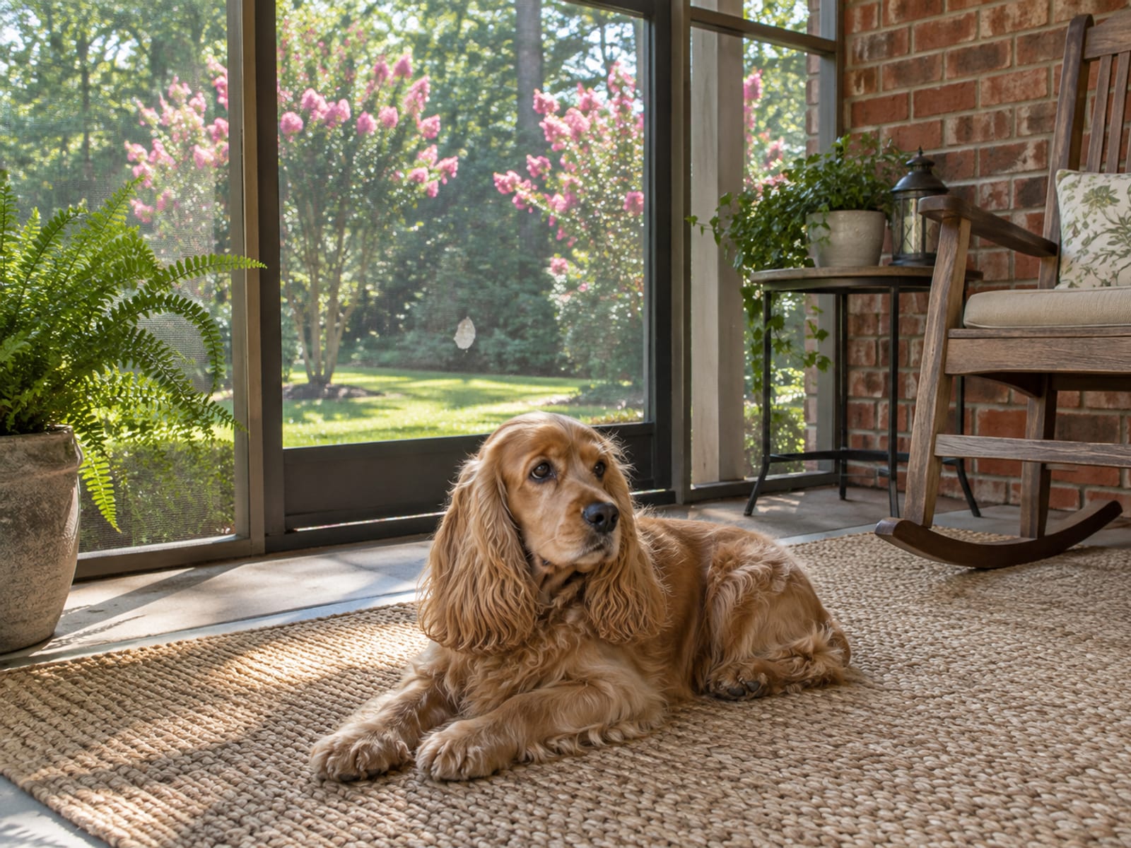 English cocker spaniel resting on a tidy screened back porch of a brick ranch house with crape myrtles in the yard