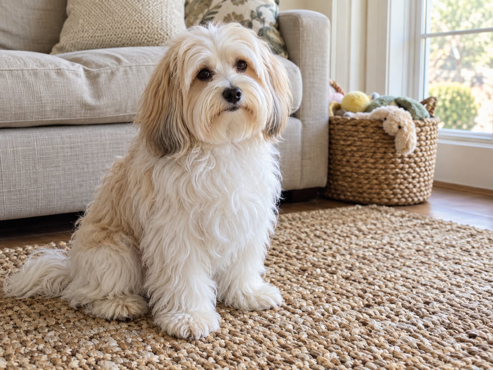 Adult Havanese sitting on a living room rug beside a bright front window, a sofa and a basket of toys