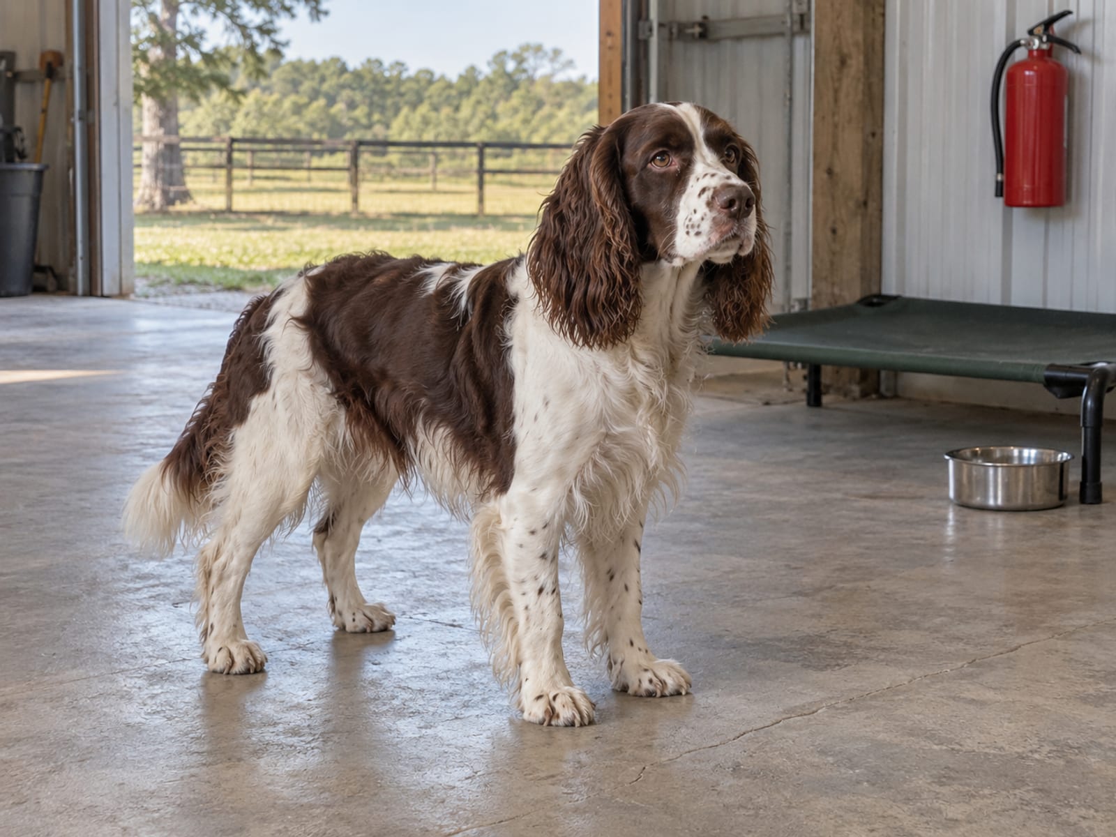 Adult Springer spaniel standing on a swept concrete floor in a tidy airy outbuilding beside a raised bed, a steel water bowl and a wall-mounted fire extinguisher
