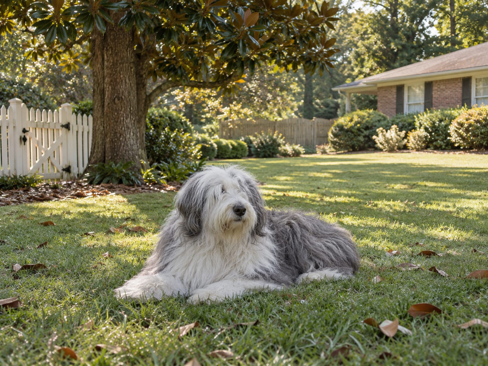 Old English sheepdog resting on the mowed lawn of a large fenced yard with a white picket gate, a magnolia tree and a brick ranch house behind