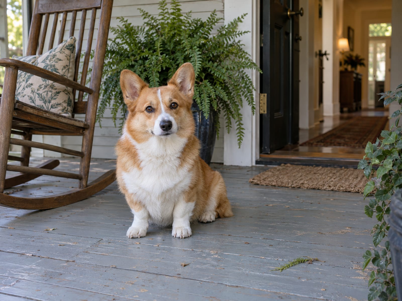 Pembroke Welsh corgi sitting on a covered Georgia farmhouse front porch beside a rocking chair and a potted fern with the front door open behind