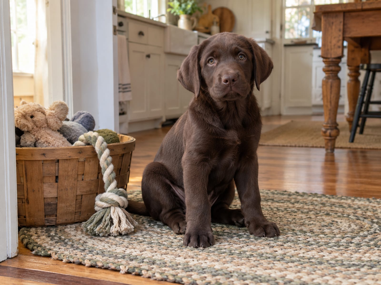 Four-month-old chocolate Labrador puppy sitting on a braided rug in a bright farmhouse kitchen doorway beside a wooden toy basket
