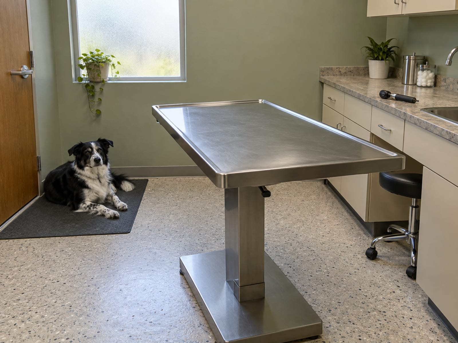 Veterinary exam room with an empty stainless exam table and a handheld ophthalmoscope on the counter, a border collie mix lying on a mat by the door