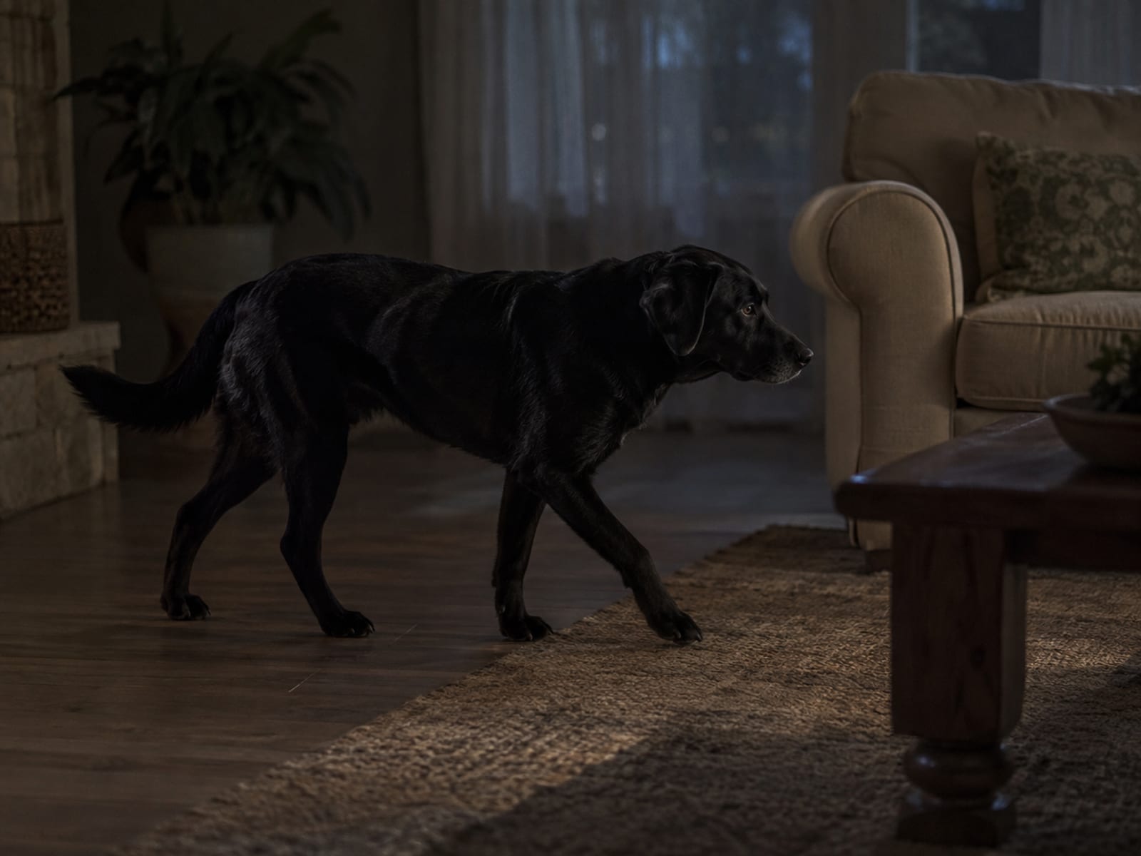 Black Labrador mix walking across a darkened living room, a faint glow from a window lighting the sofa edge and floor