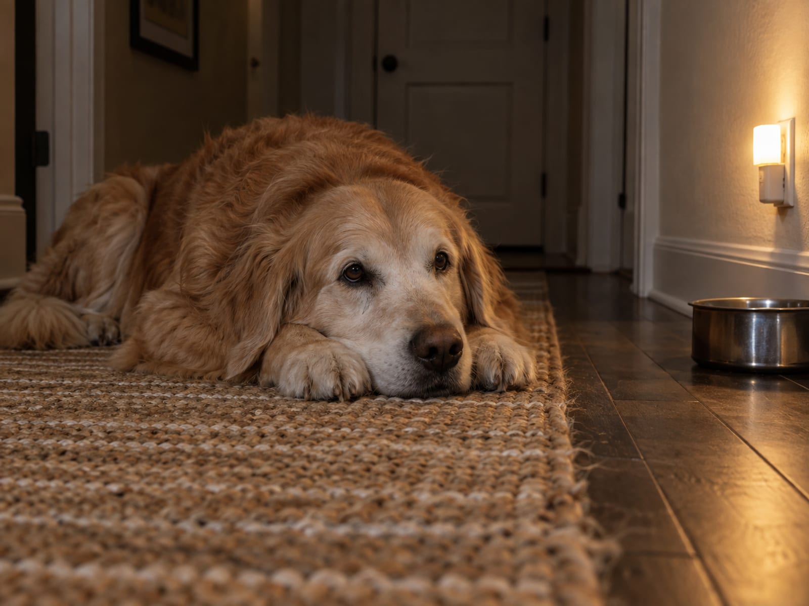 Senior golden retriever resting on a hallway runner at night beside a low plug-in nightlight and a water bowl