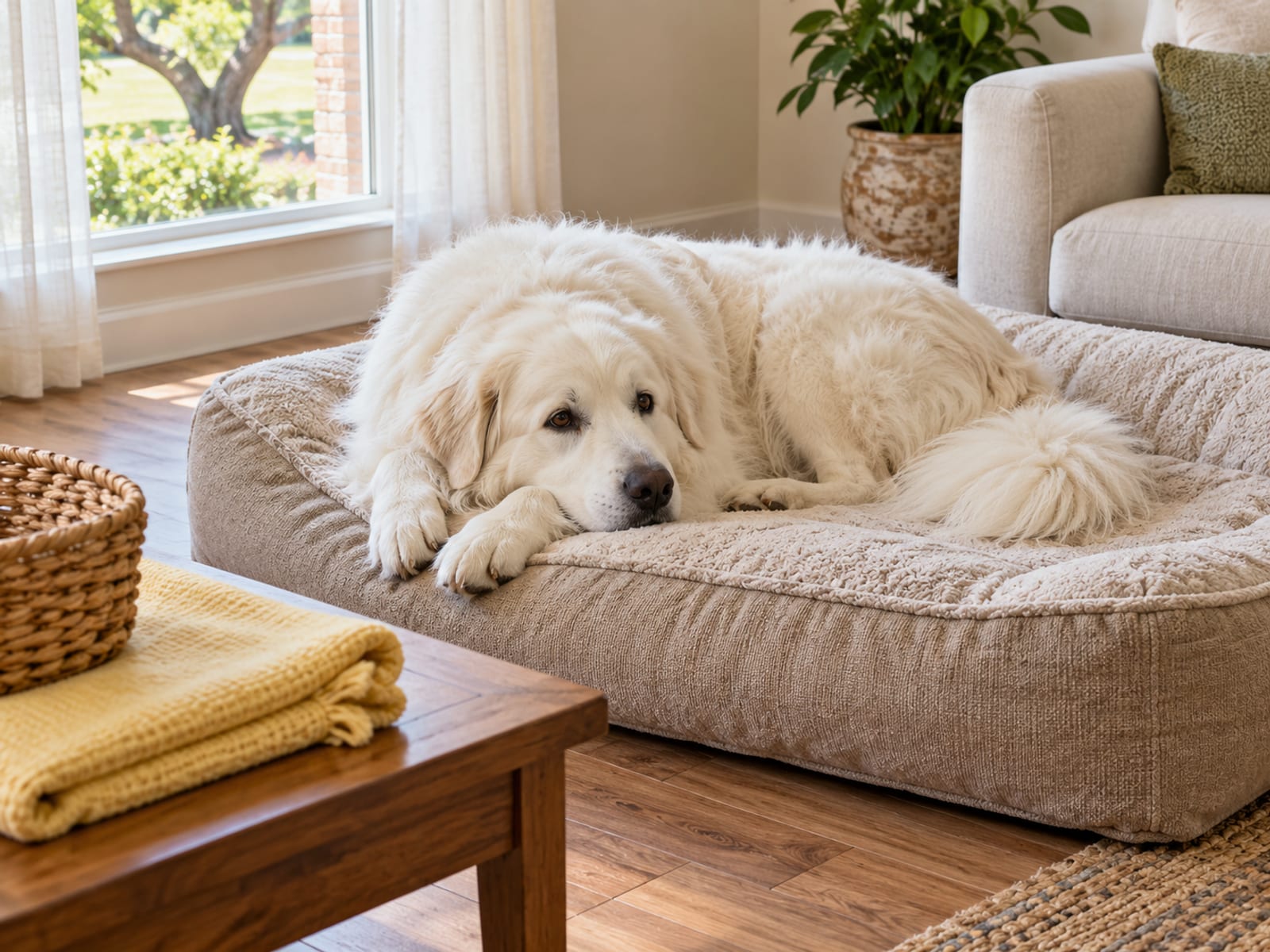 White Great Pyrenees lying on a large dog bed in a bright living room beside a low table holding a wicker basket and a folded blanket
