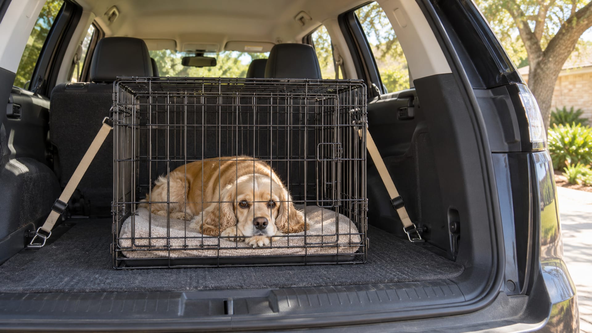 Buff Cocker spaniel lying calmly inside a secured travel crate in the back of a parked car with the windows open
