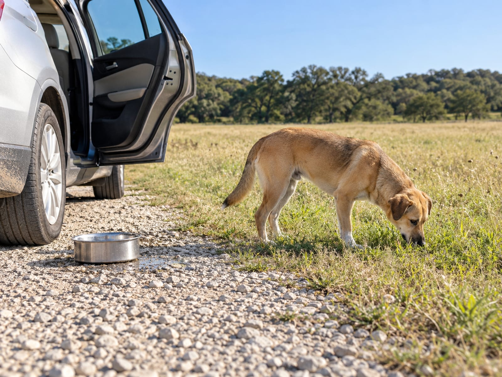 Tan mixed-breed dog sniffing the grass beside a parked car with its rear door open at a gravel pull-off next to a field, a steel water bowl on the ground