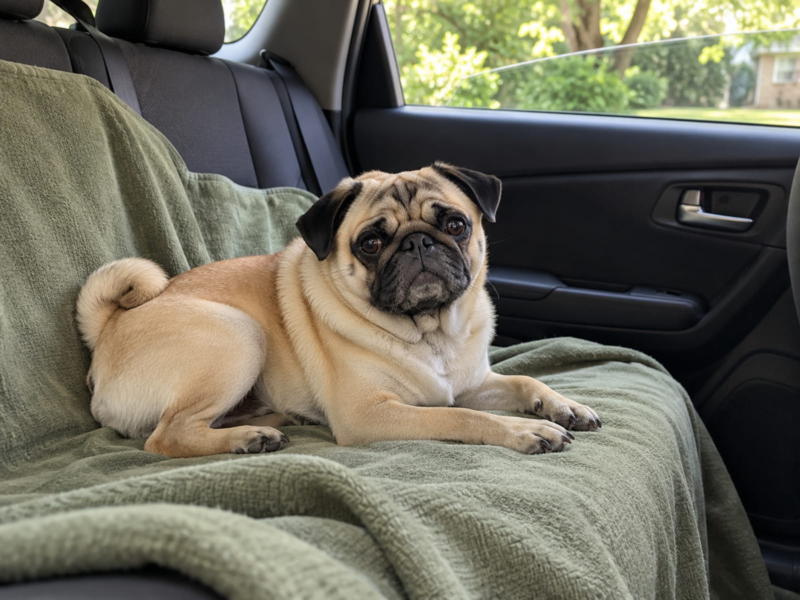 Fawn pug lying calmly on a blanket spread over a car back seat beside a window rolled halfway down