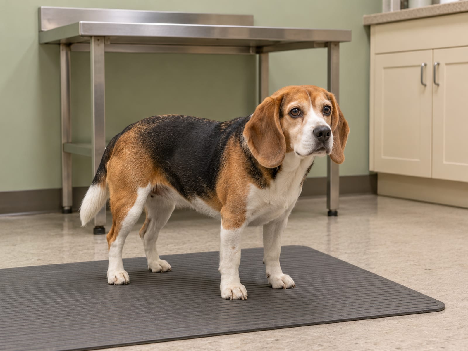 Tricolor beagle standing on a nonslip mat in a quiet veterinary exam room in front of an empty steel exam table and a plain cabinet