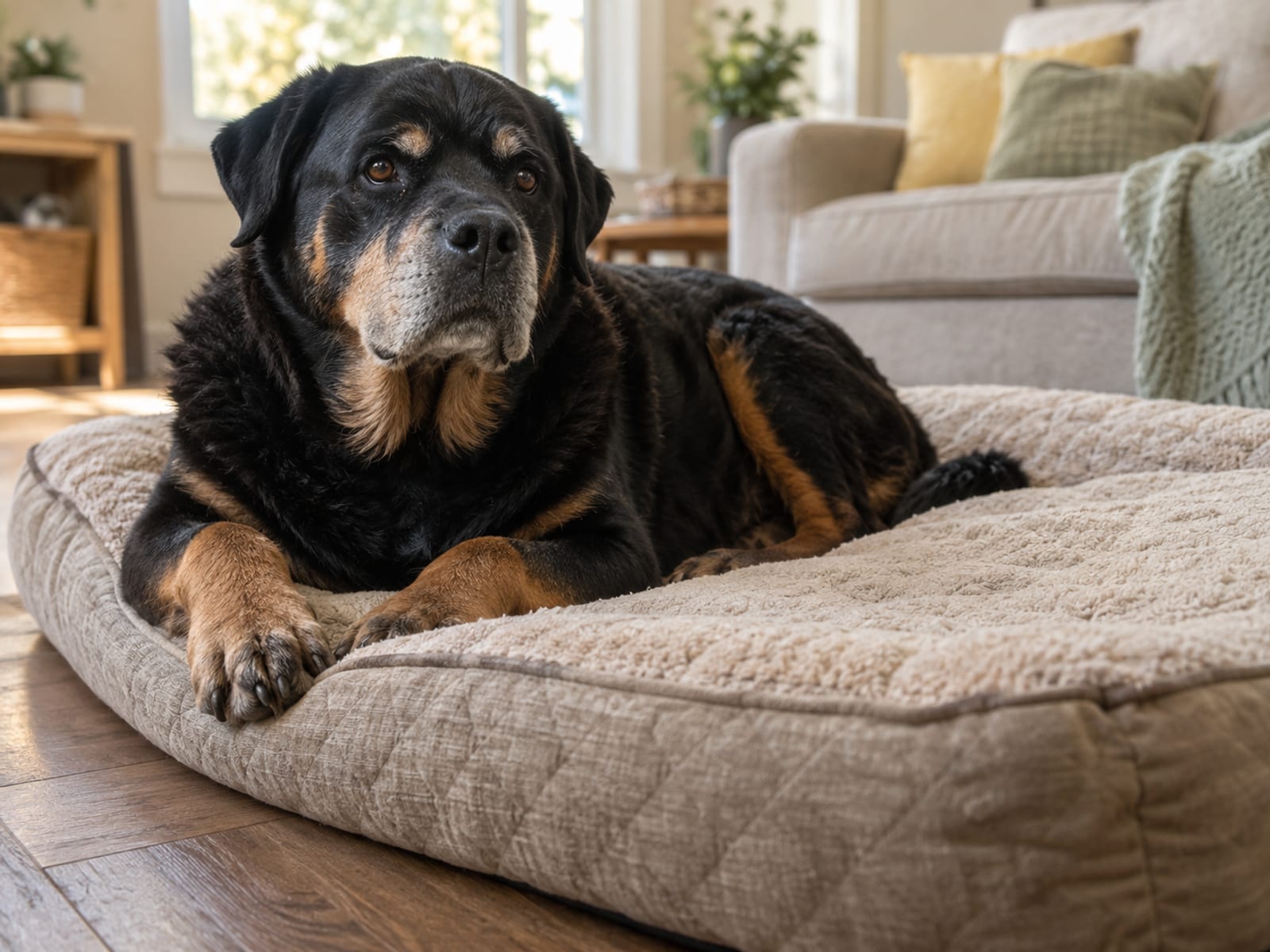 Senior Rottweiler lying on a thick orthopedic bed with its head up in a living room