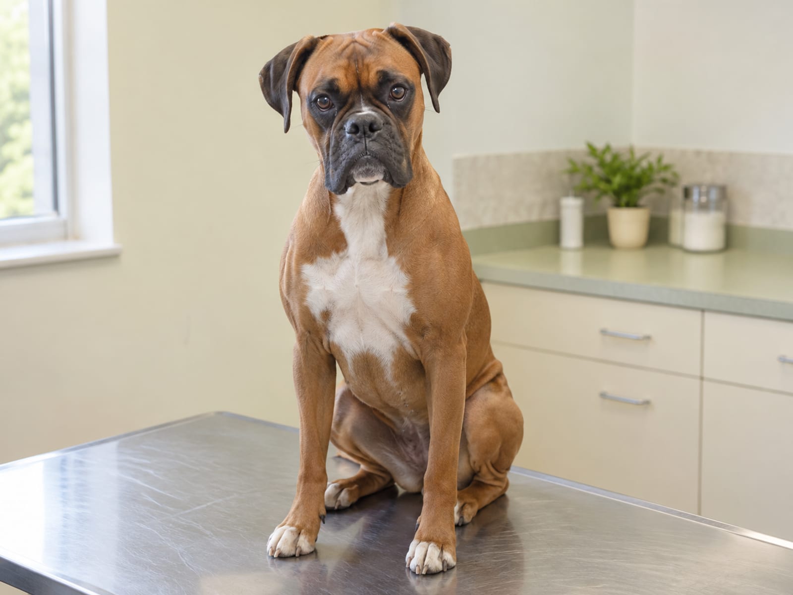 Boxer sitting calmly on a bare stainless steel exam table in a bright veterinary exam room