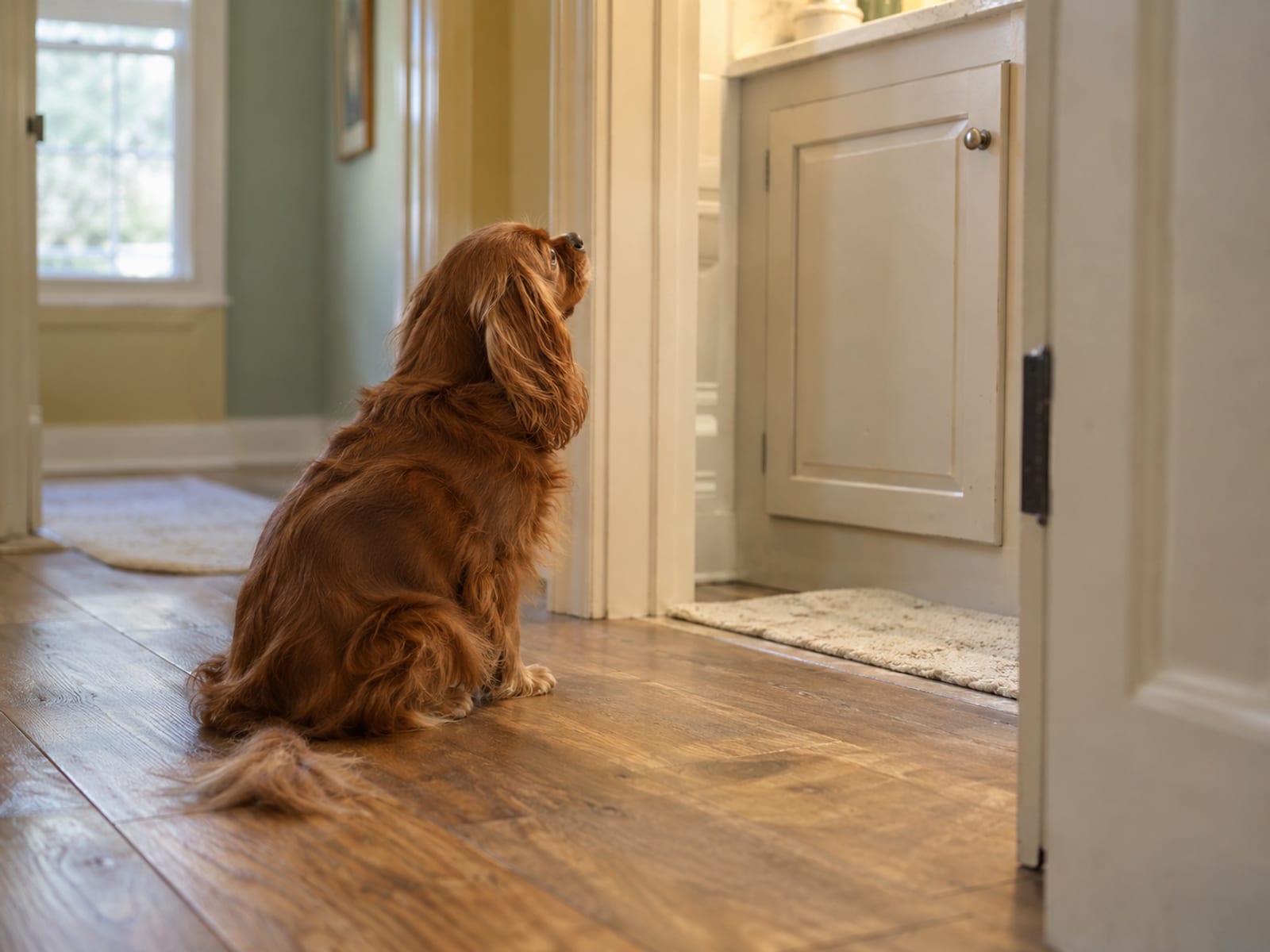 Cavalier King Charles spaniel sitting in a hallway looking up at a closed bathroom cabinet door