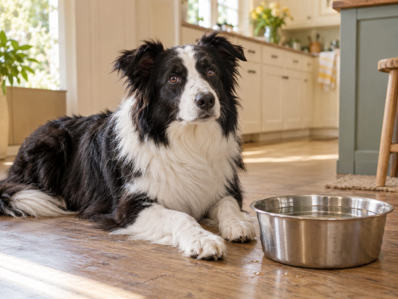 Border collie resting on a kitchen floor beside a full steel water bowl