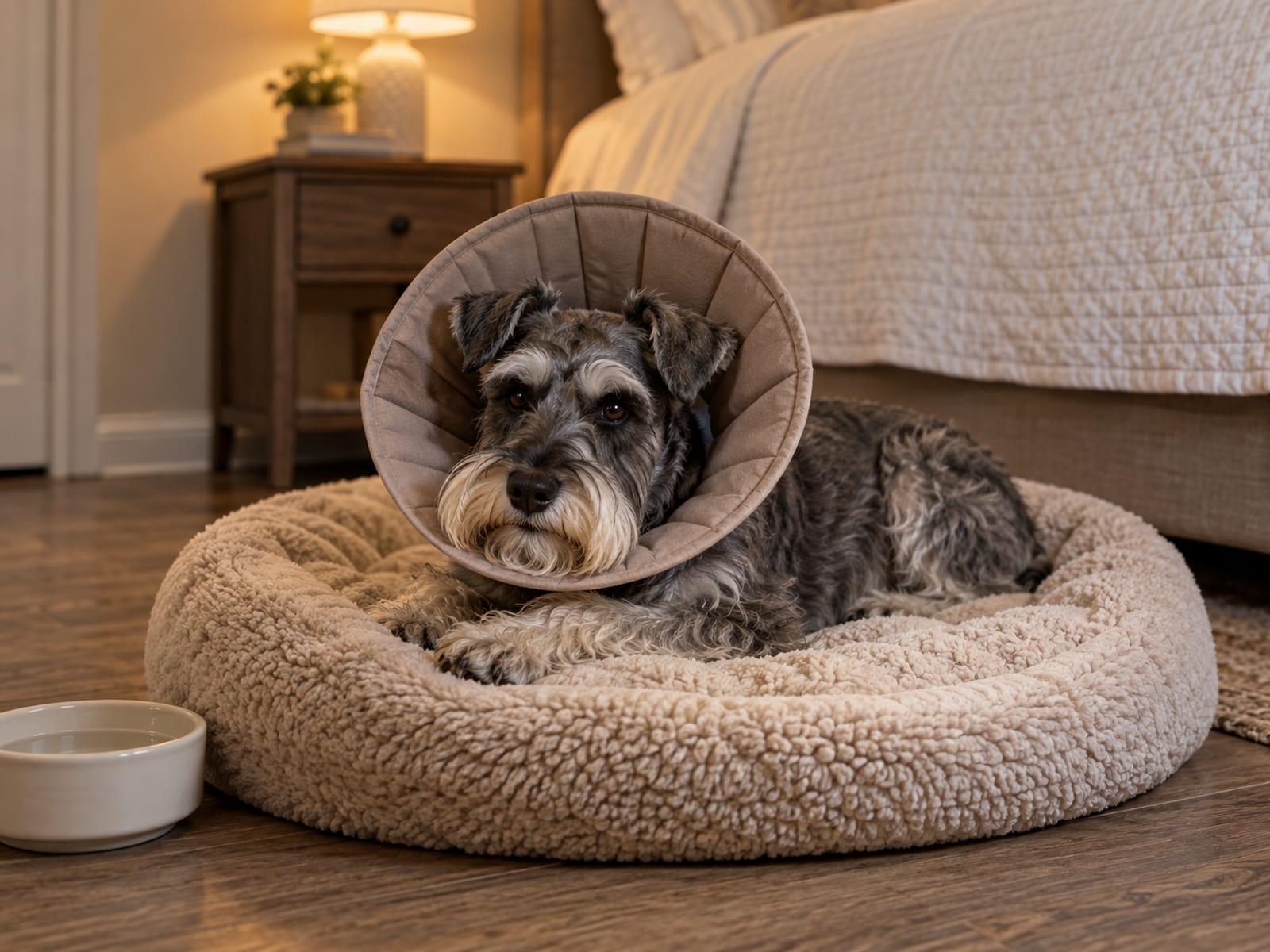 Miniature schnauzer resting on a dog bed in a quiet bedroom wearing a soft fabric recovery cone, water bowl nearby