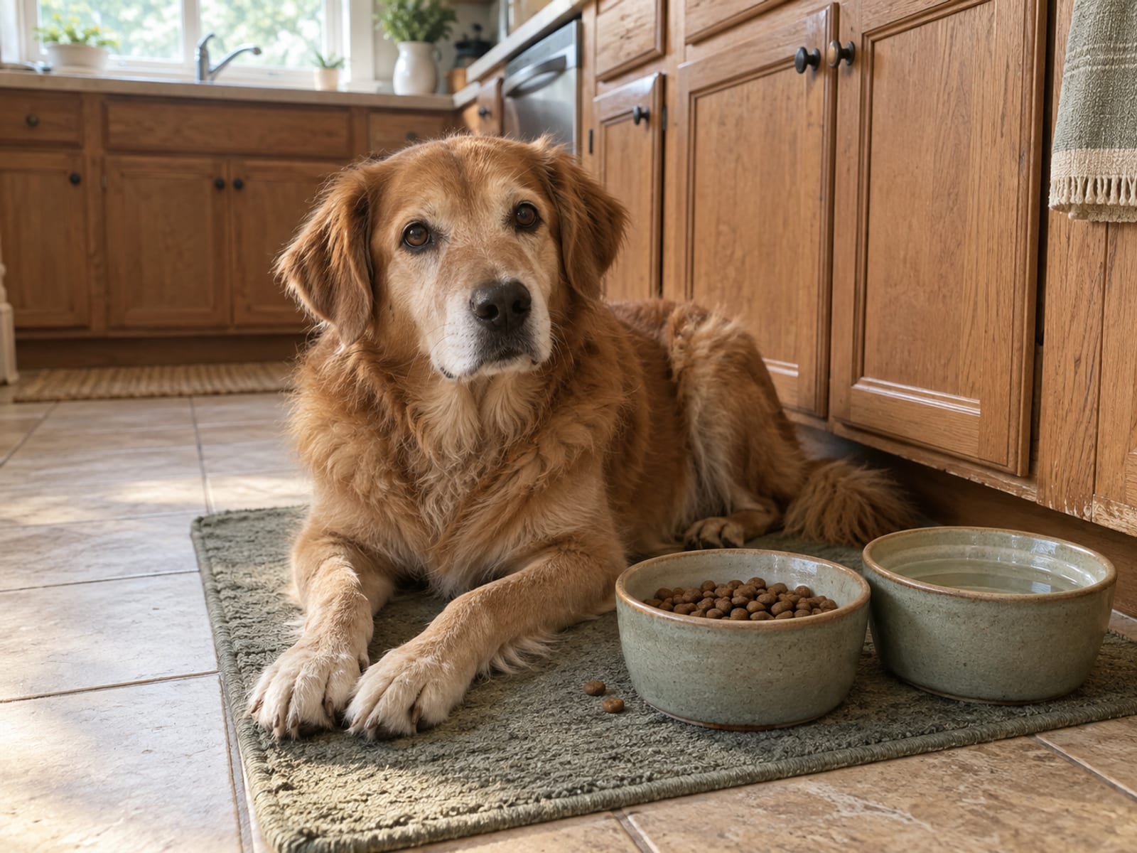 Middle-aged golden mixed-breed dog lying on a kitchen mat next to a measured bowl of kibble and a full water bowl