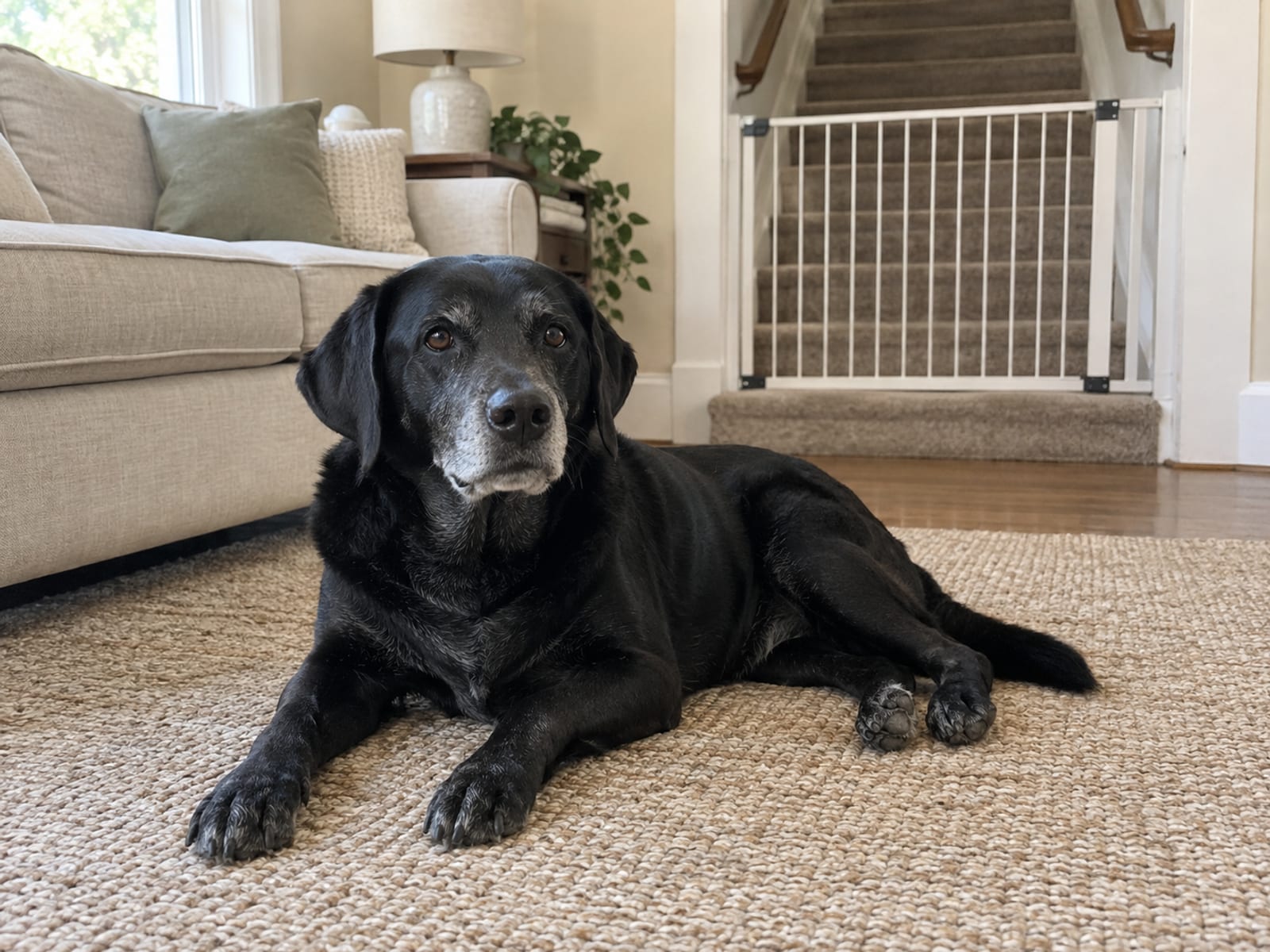 Grey-muzzled Labrador mix lying on a rug in a tidy living room with a baby gate across the foot of the stairs