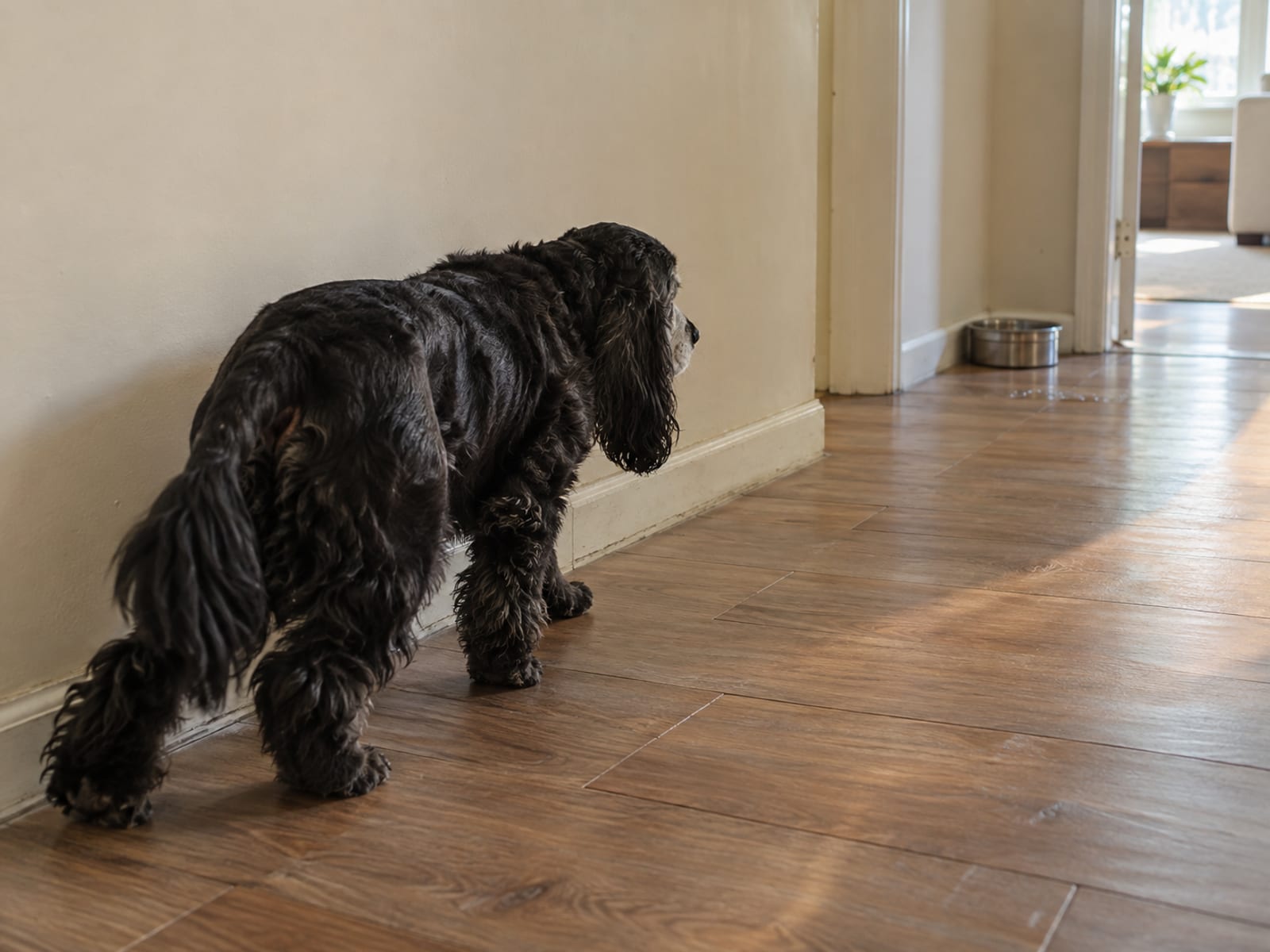 Senior black cocker spaniel walking slowly beside a hallway wall toward a water bowl on a wood-look floor