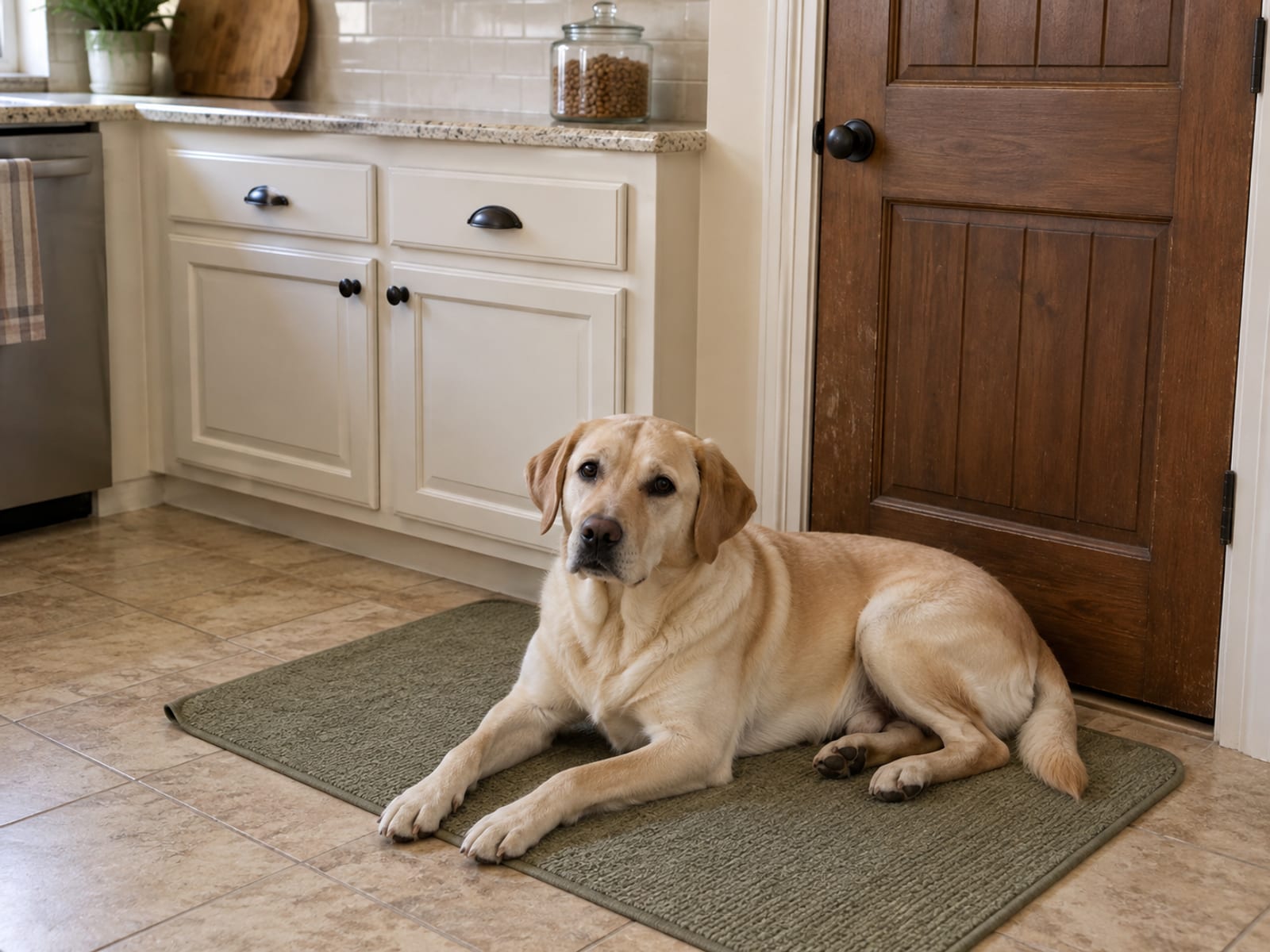 Labrador mix lying calmly on a kitchen floor mat next to a closed pantry door, a lidded jar at the back of the counter