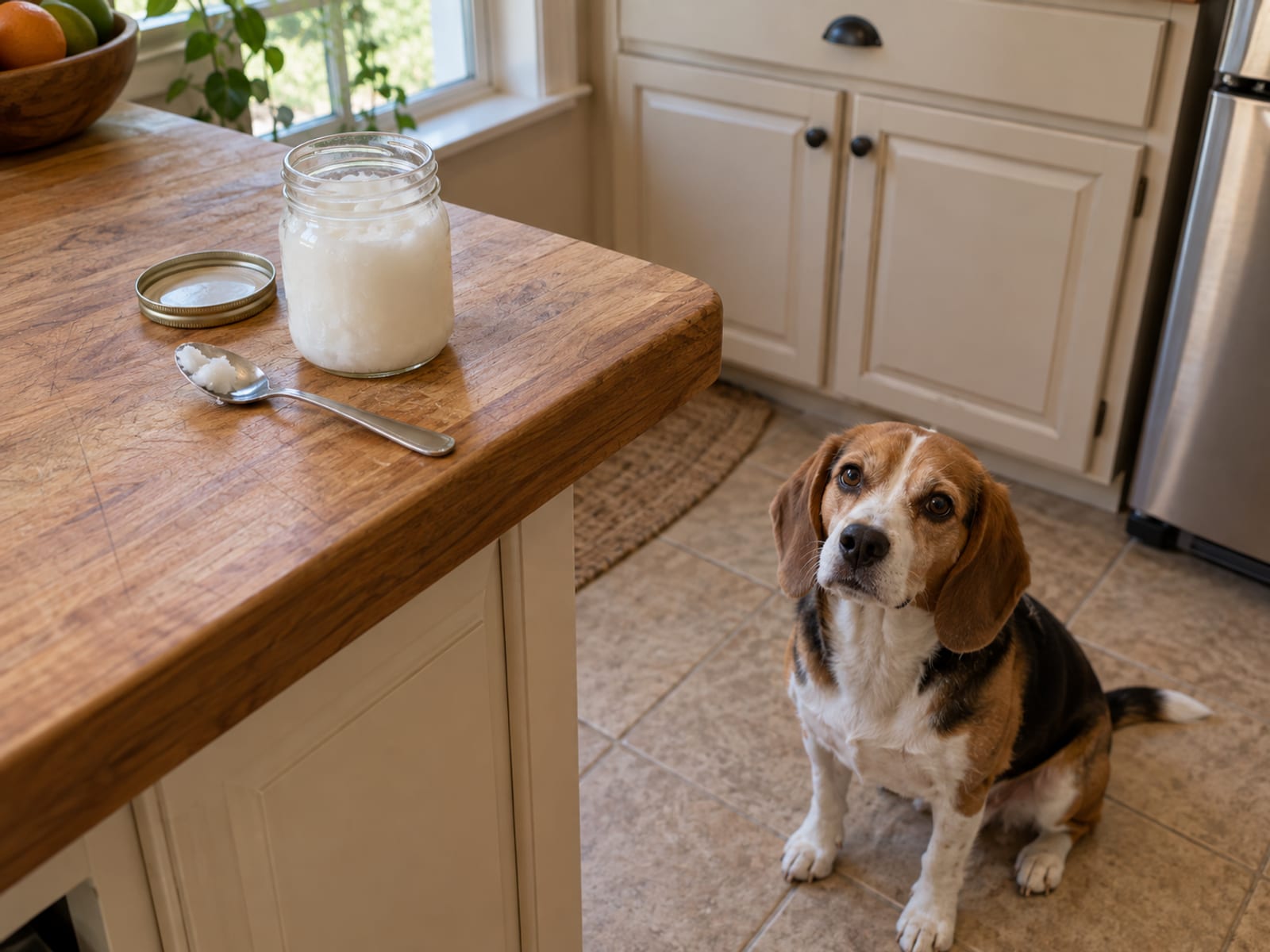 Small unlabeled glass jar of solid white coconut oil beside a teaspoon on a wooden counter, a beagle sitting on the floor below