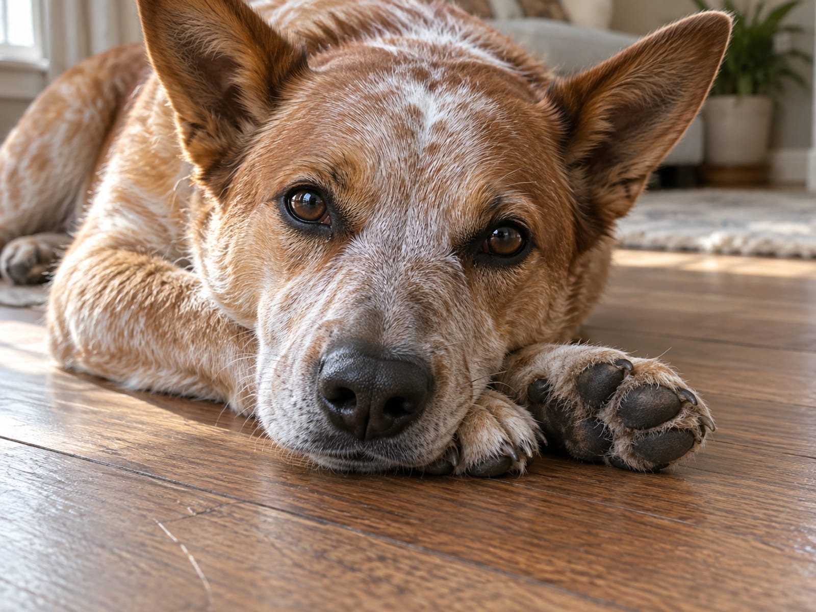 Close-up of a red Australian cattle dog mix resting its chin on its front paws on a wood-look floor