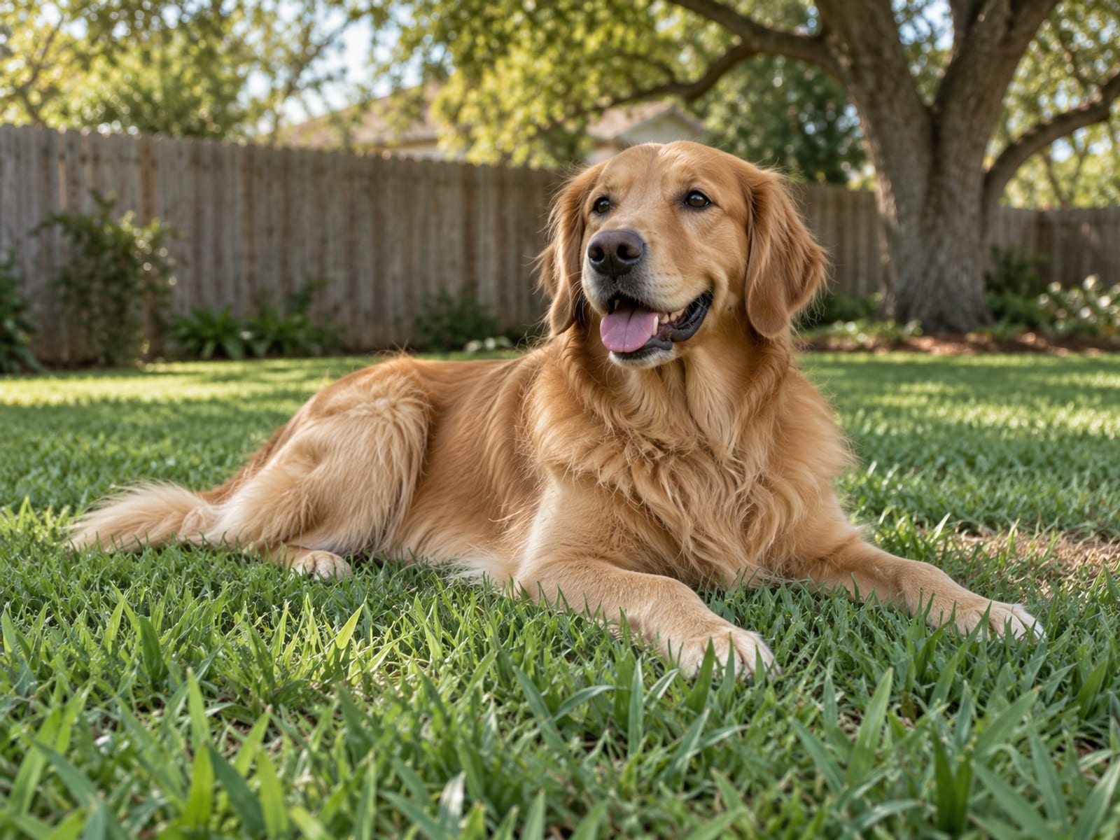 Golden retriever with a glossy coat lying relaxed on a St. Augustine grass lawn in soft morning light