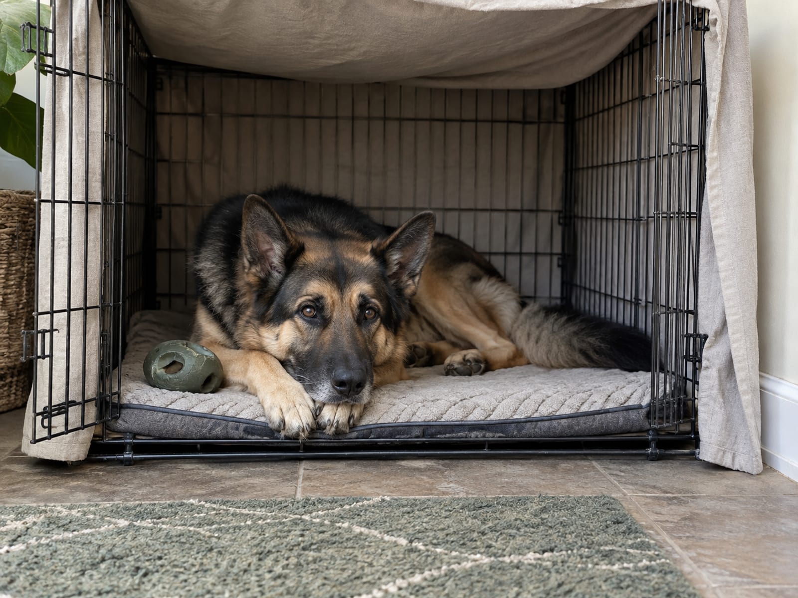 Adult shepherd mix lying relaxed in a covered crate with the door open, chin on its paws, a puzzle toy beside it