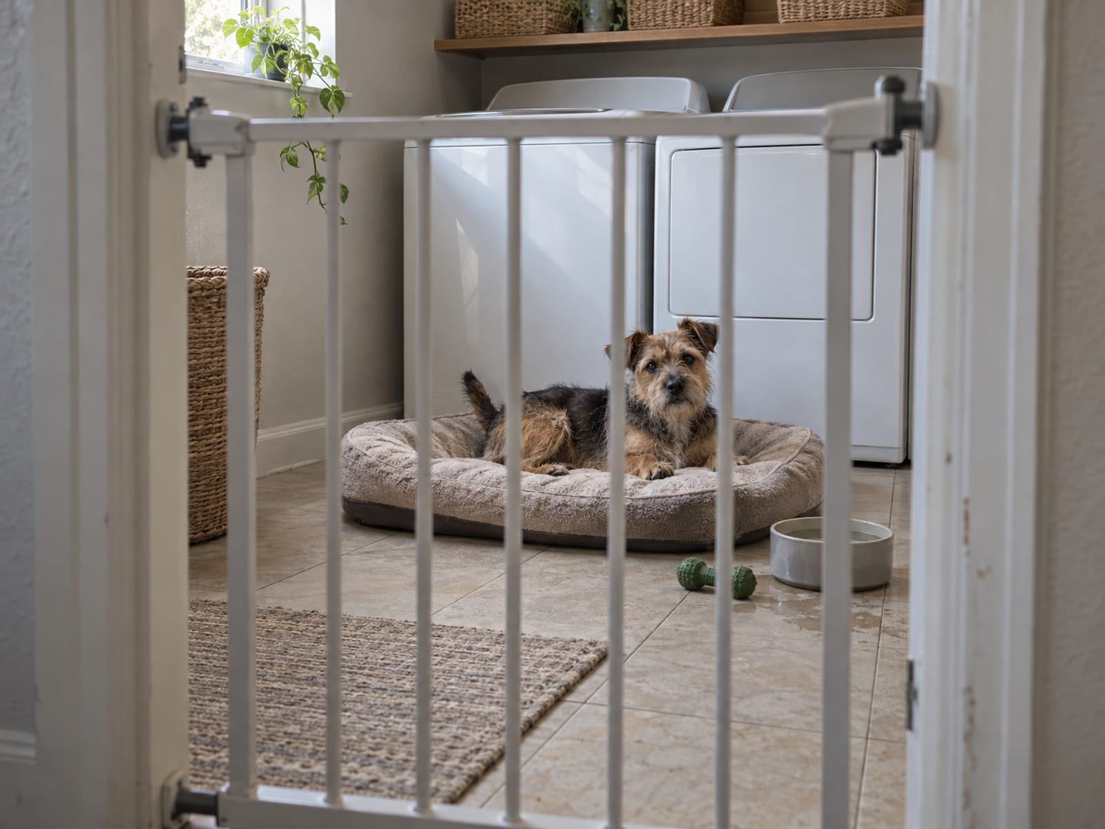 Small terrier mix resting on a dog bed in a laundry room closed off with a pressure gate