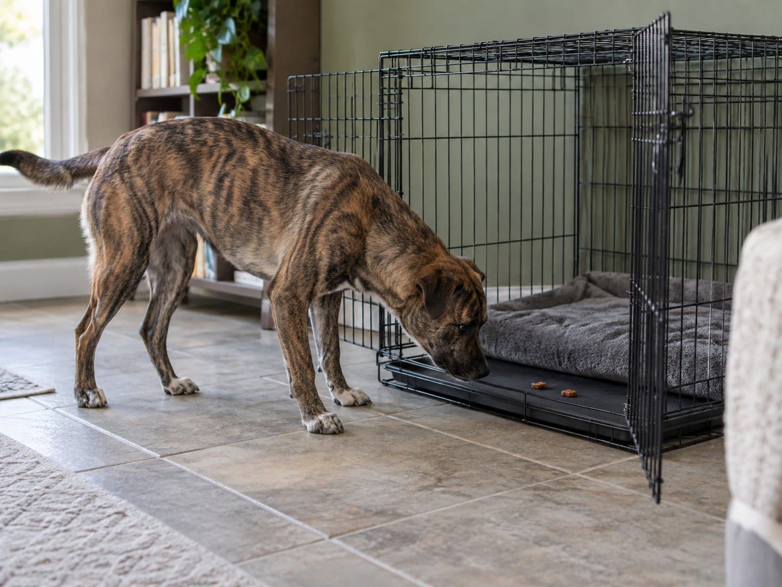 Young mixed-breed dog sniffing treats scattered just inside the open door of a wire crate