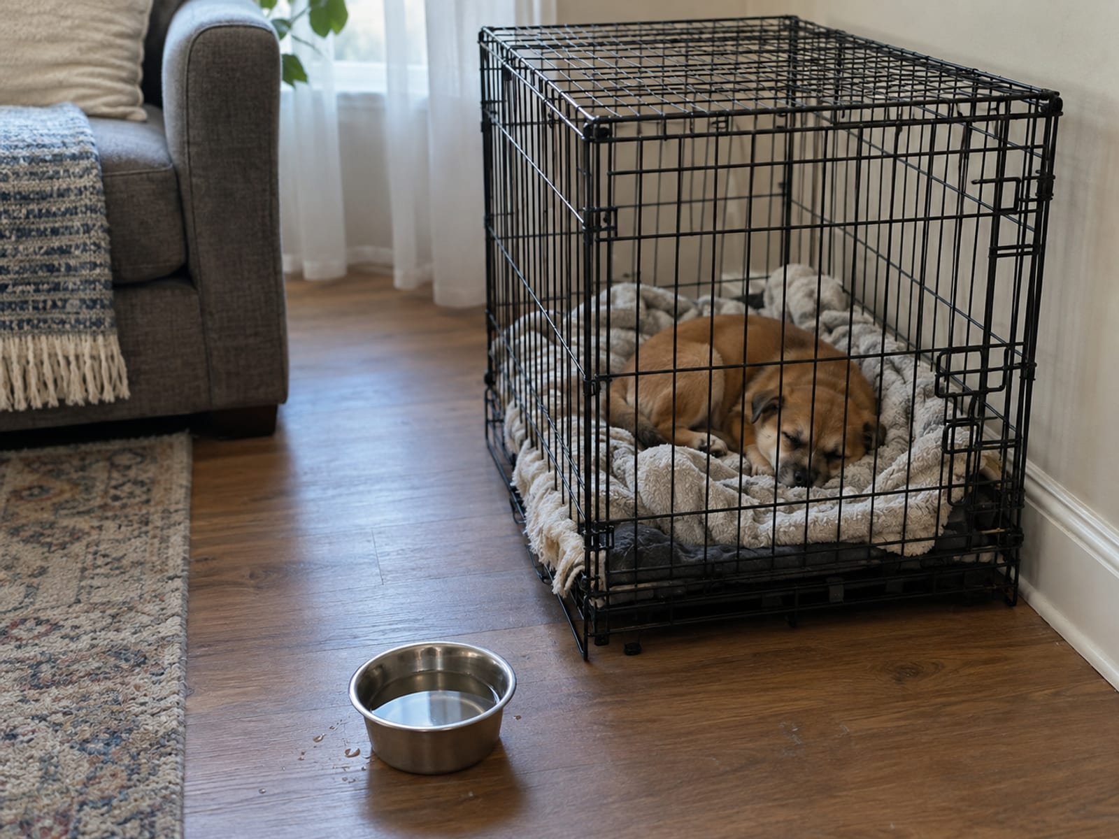 Puppy asleep on a blanket inside a closed crate in a quiet living room, a water bowl nearby