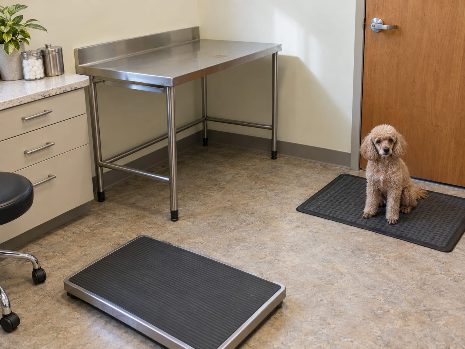 Senior miniature poodle sitting on a mat near the door of a veterinary exam room with an empty exam table and floor scale