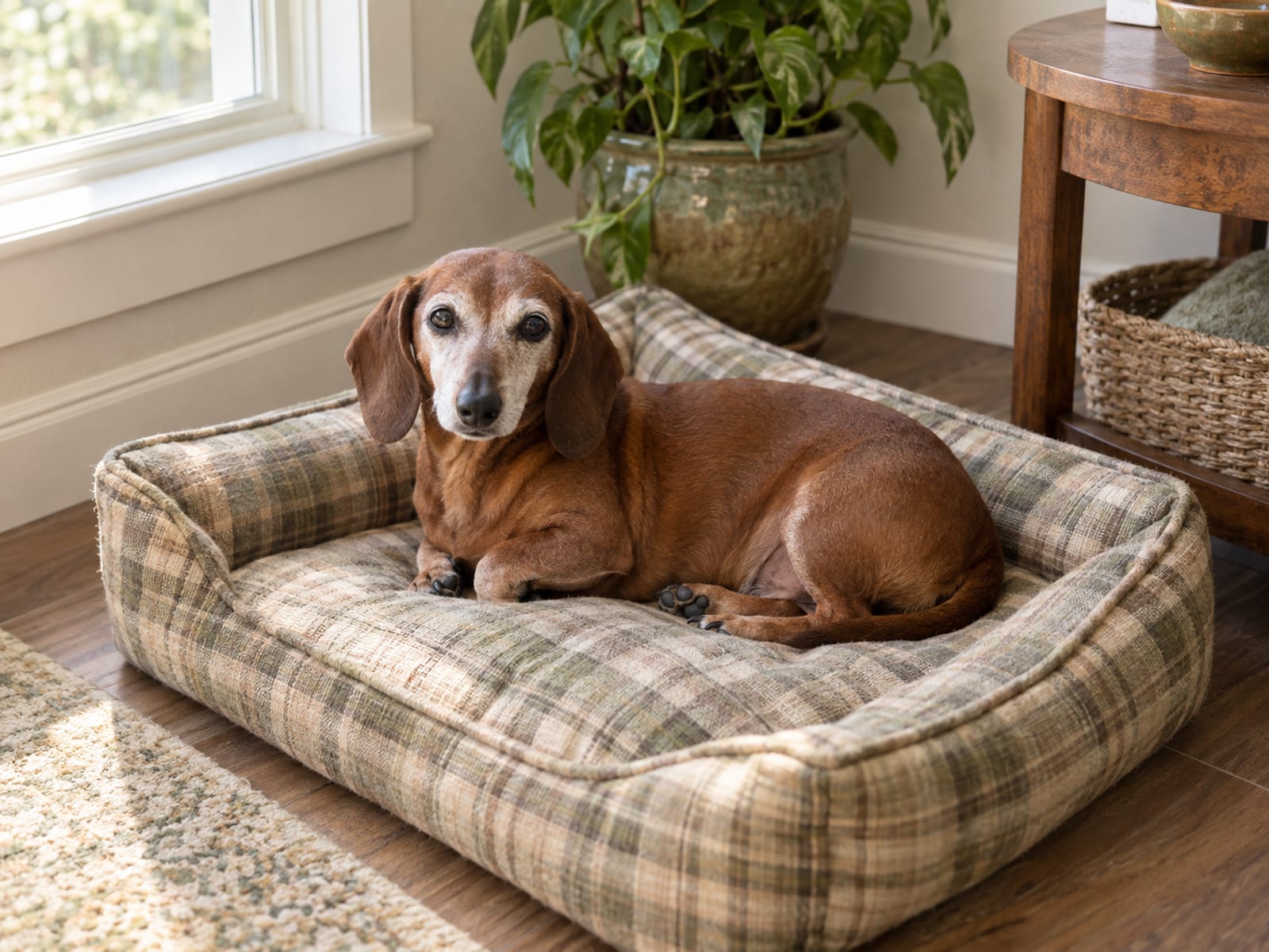 Senior dachshund resting on a plaid dog bed in a quiet living room corner in soft afternoon window light