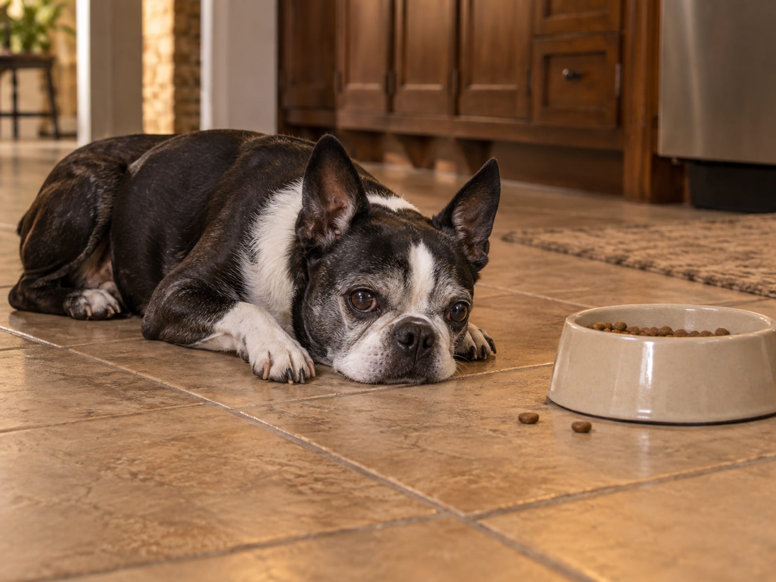 Senior Boston terrier lying quietly on a cool tile floor near a food bowl with kibble left in it