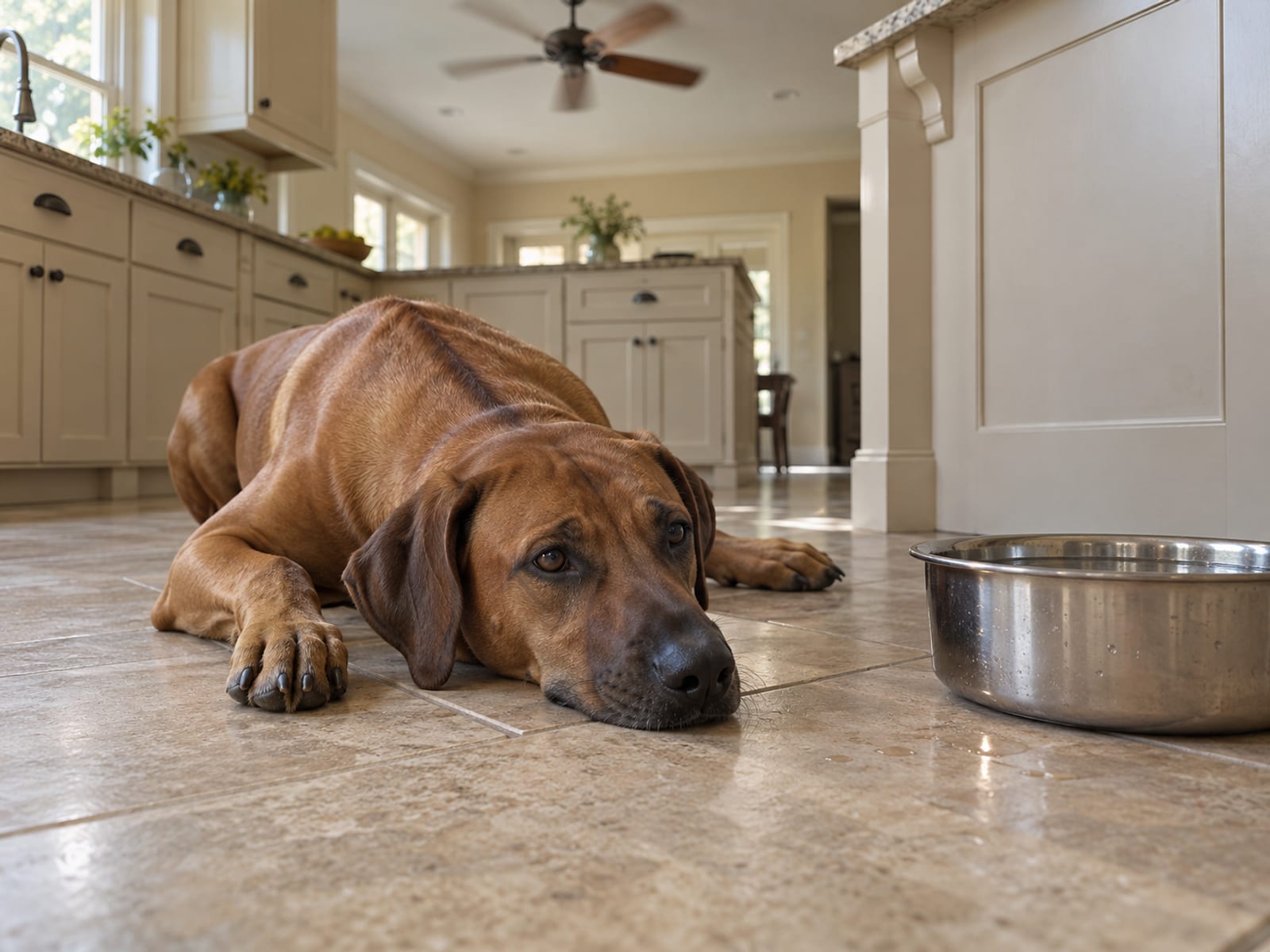 Wheaten Rhodesian ridgeback lying on cool kitchen tile beside a full steel water bowl under a ceiling fan