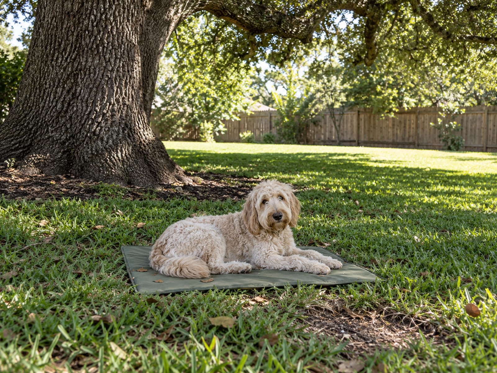 Cream Labradoodle resting on a flat cooling mat in the shade of a live oak in a backyard