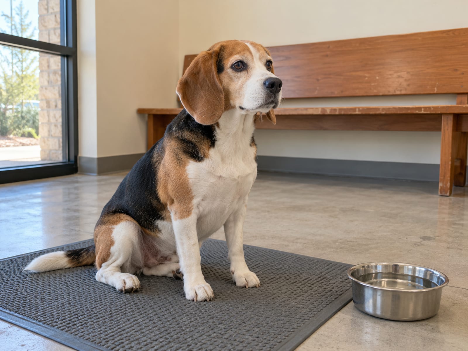 Tricolor beagle sitting calmly on a rubber mat in a bright veterinary waiting area beside a bench and a water bowl