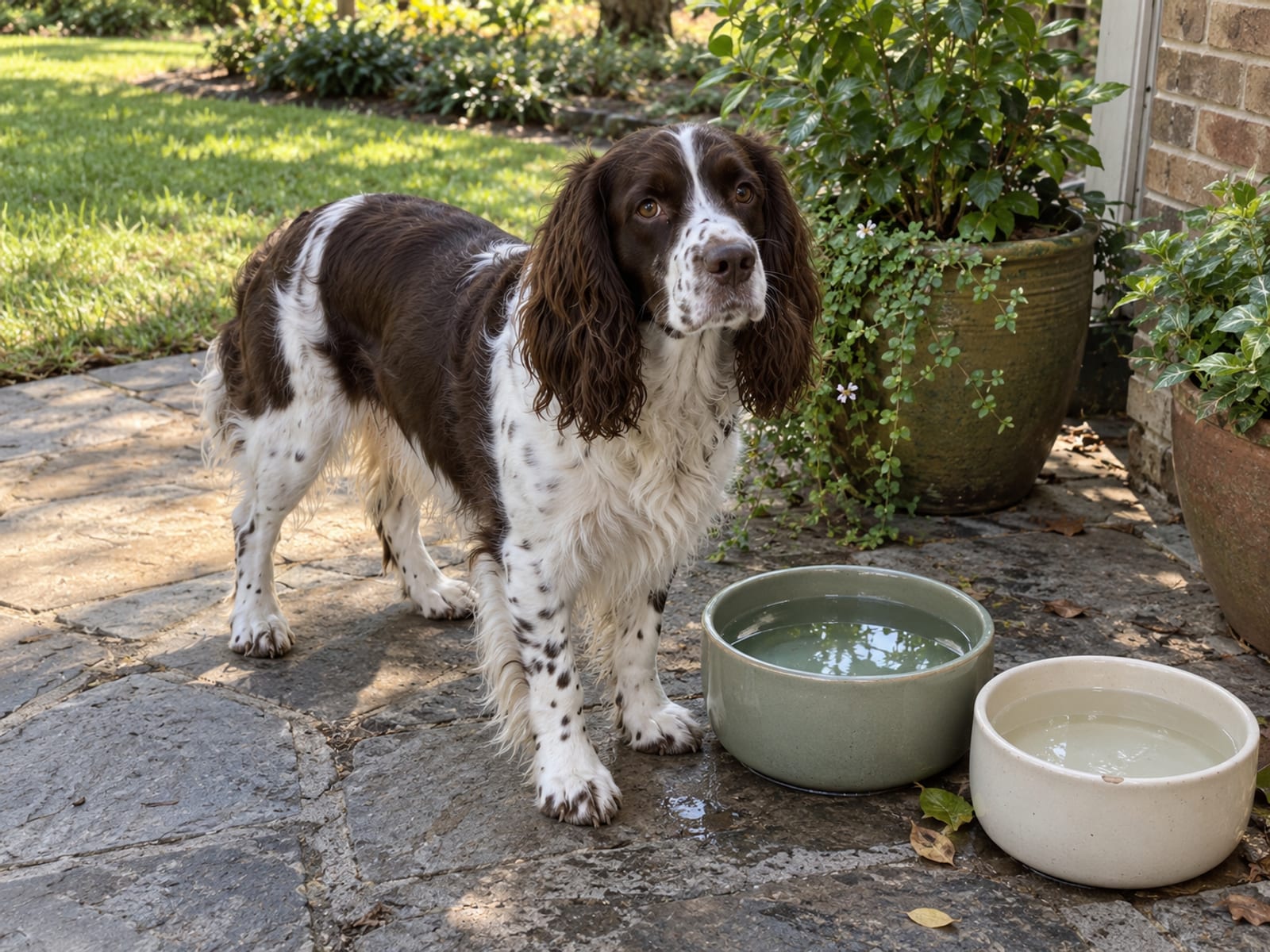 Liver and white English springer spaniel standing beside two full ceramic water bowls on a shaded patio