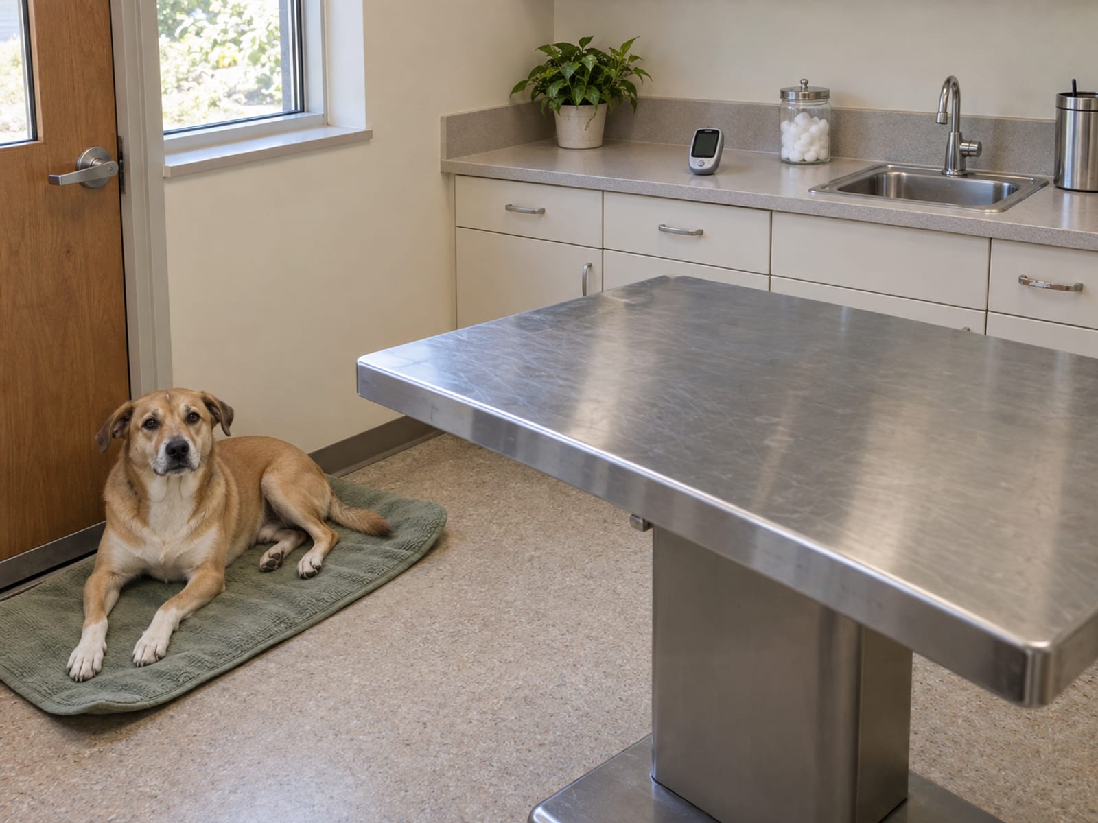 Veterinary exam room with an empty stainless exam table and a plain glucose meter on the counter, a dog lying on a mat by the door